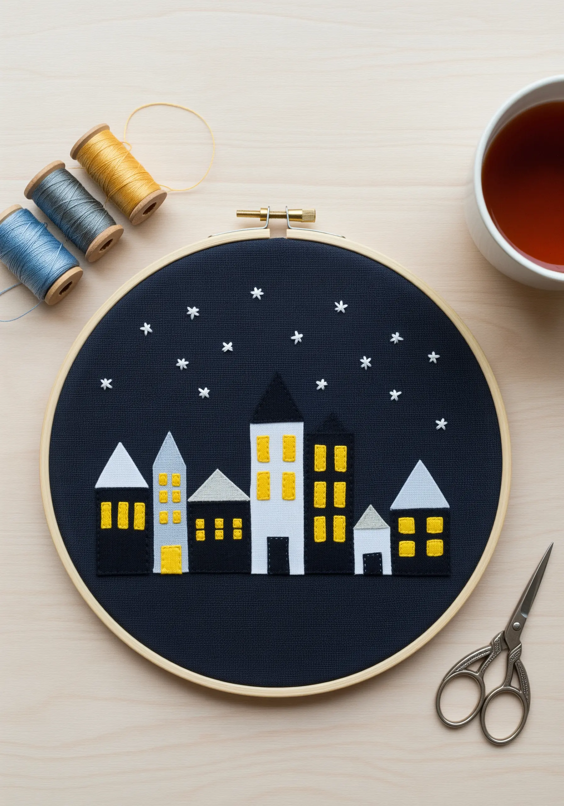 Felt appliqué of a night cityscape with embroidered stars and windows in a hoop.