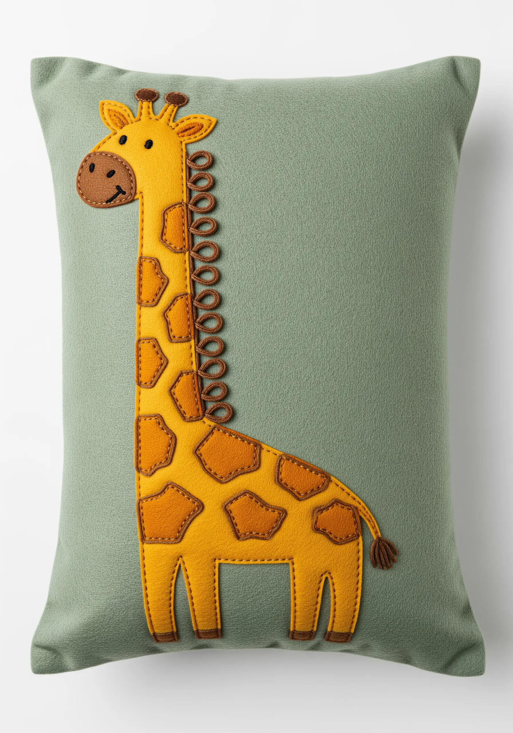 Felt appliqué giraffe with a looped yarn mane on a green pillow.