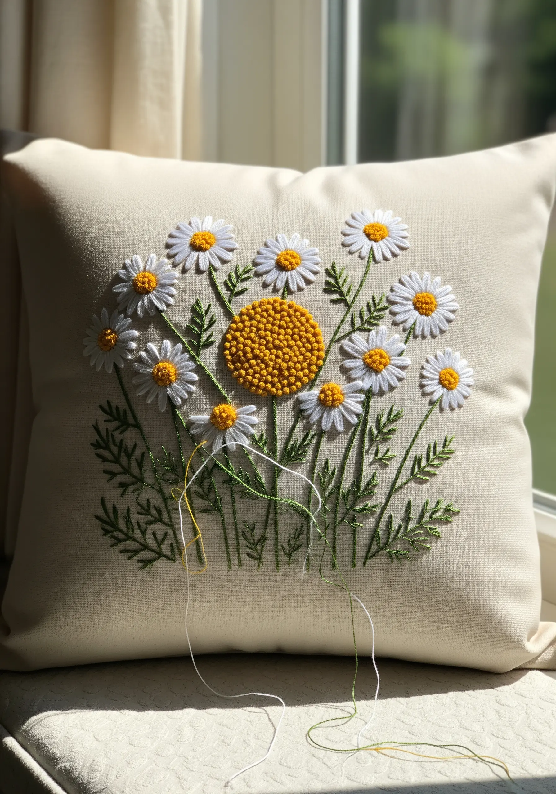 Embroidered daisies and a large yellow French knot flower on a pillow.