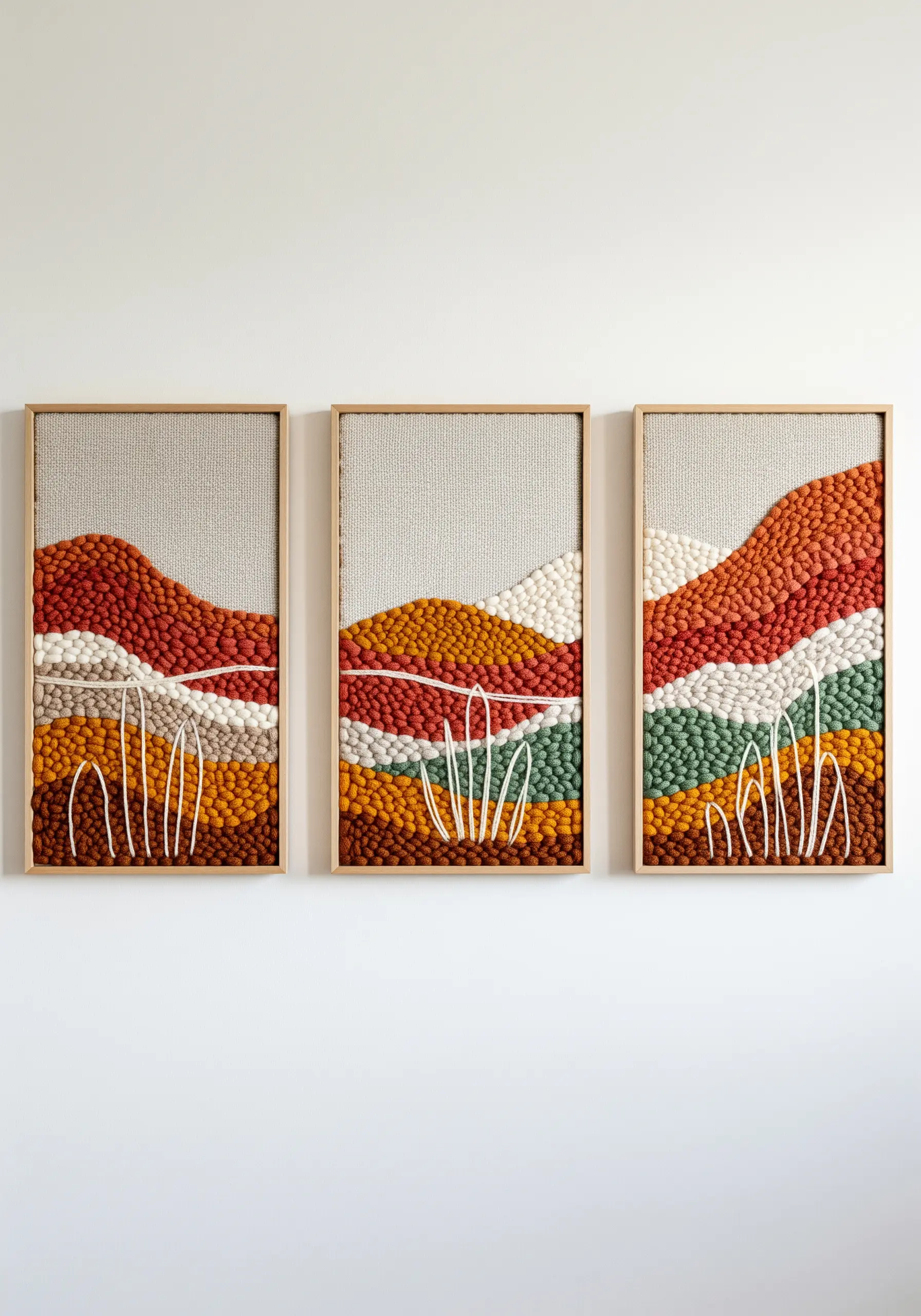 Framed punch needle landscape triptych with yarn hills and delicate white line embroidery.