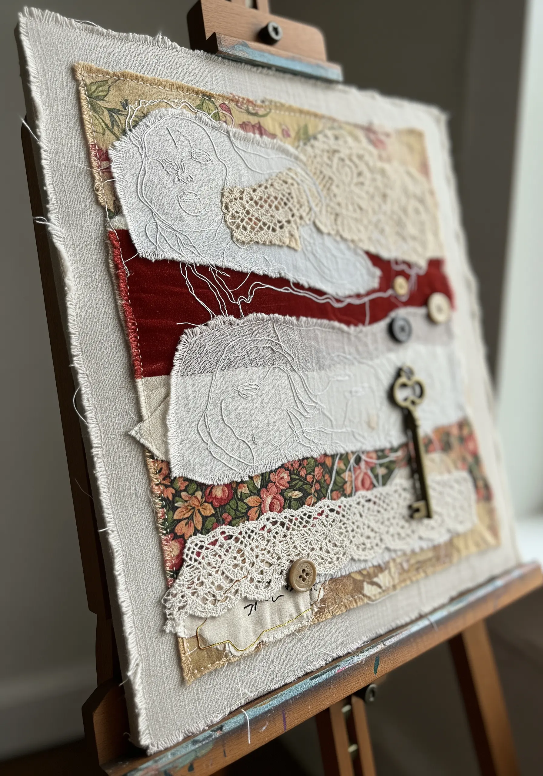 A fabric collage with vintage lace, buttons, and a key, with a white thread contour portrait stitched over it.