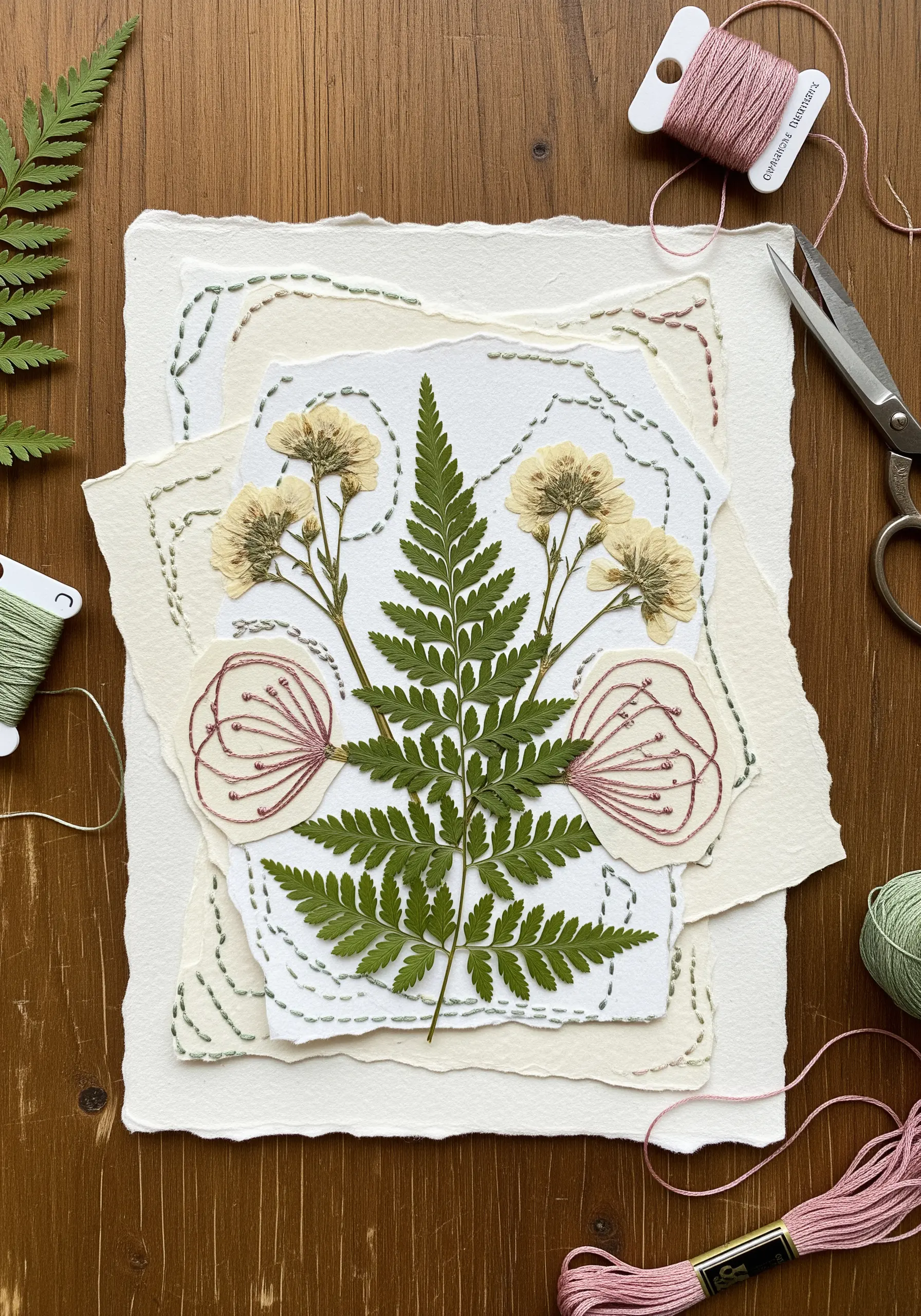 Pressed fern and flowers on layered paper with hand-stitched outlines in pink and green thread.