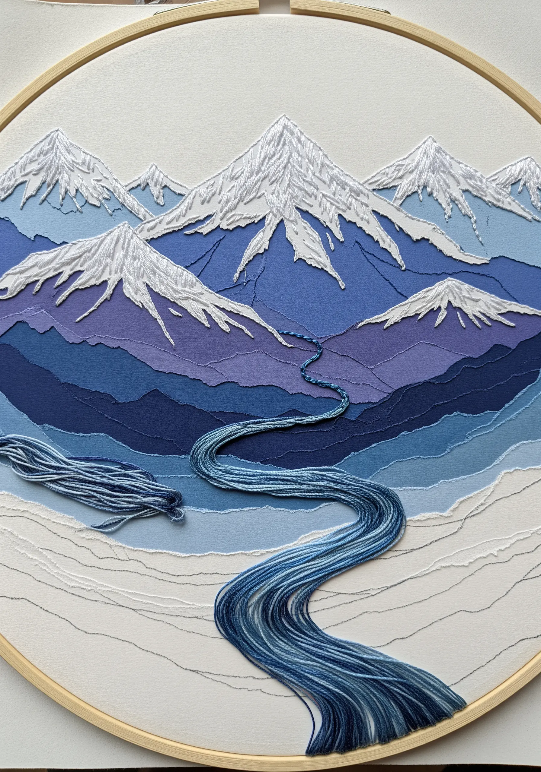 A mountain landscape in an embroidery hoop, made from layered paper with embroidered snow and a river.