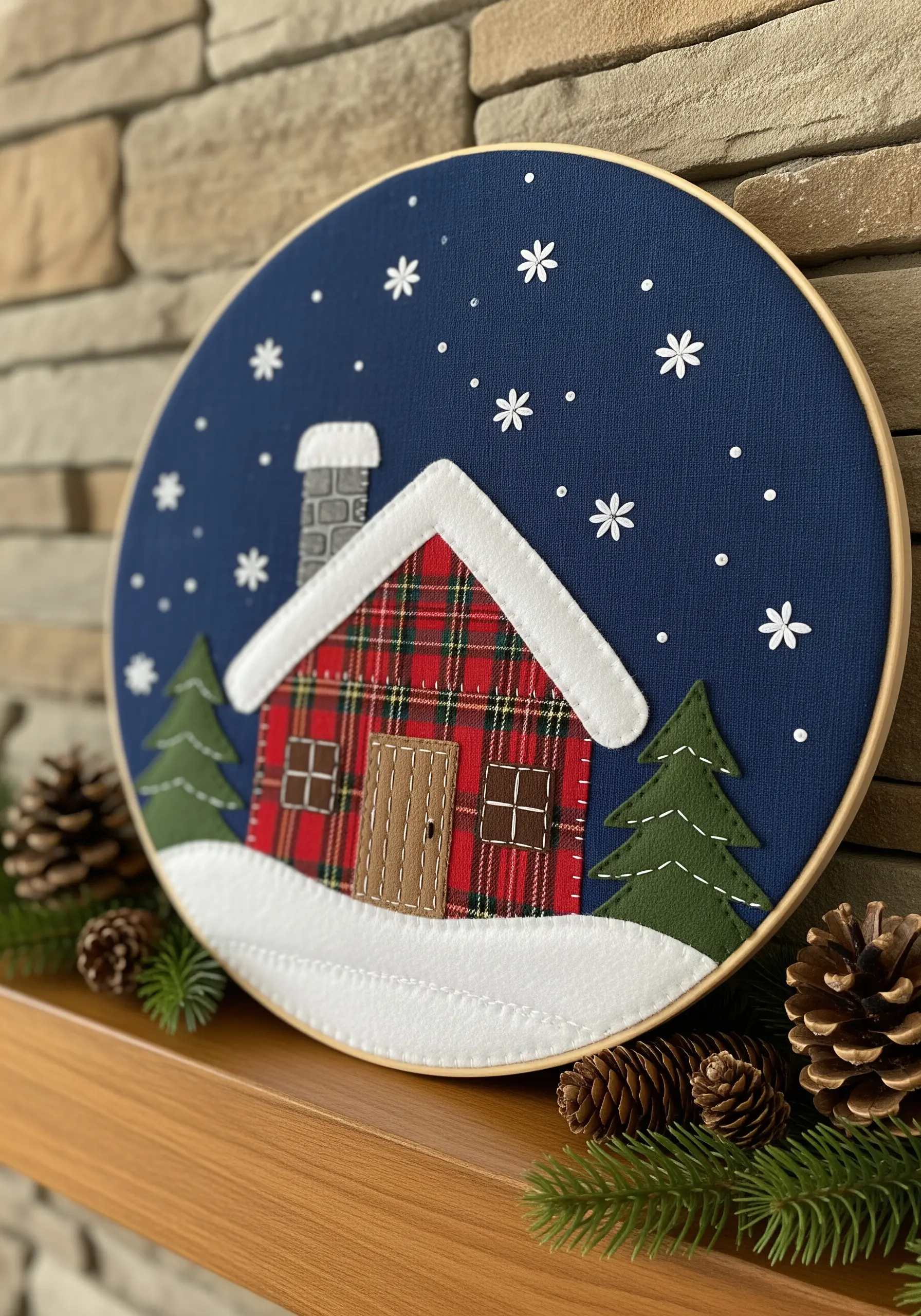 Holiday cabin scene in an embroidery hoop using plaid fabric, felt, and simple stitches.