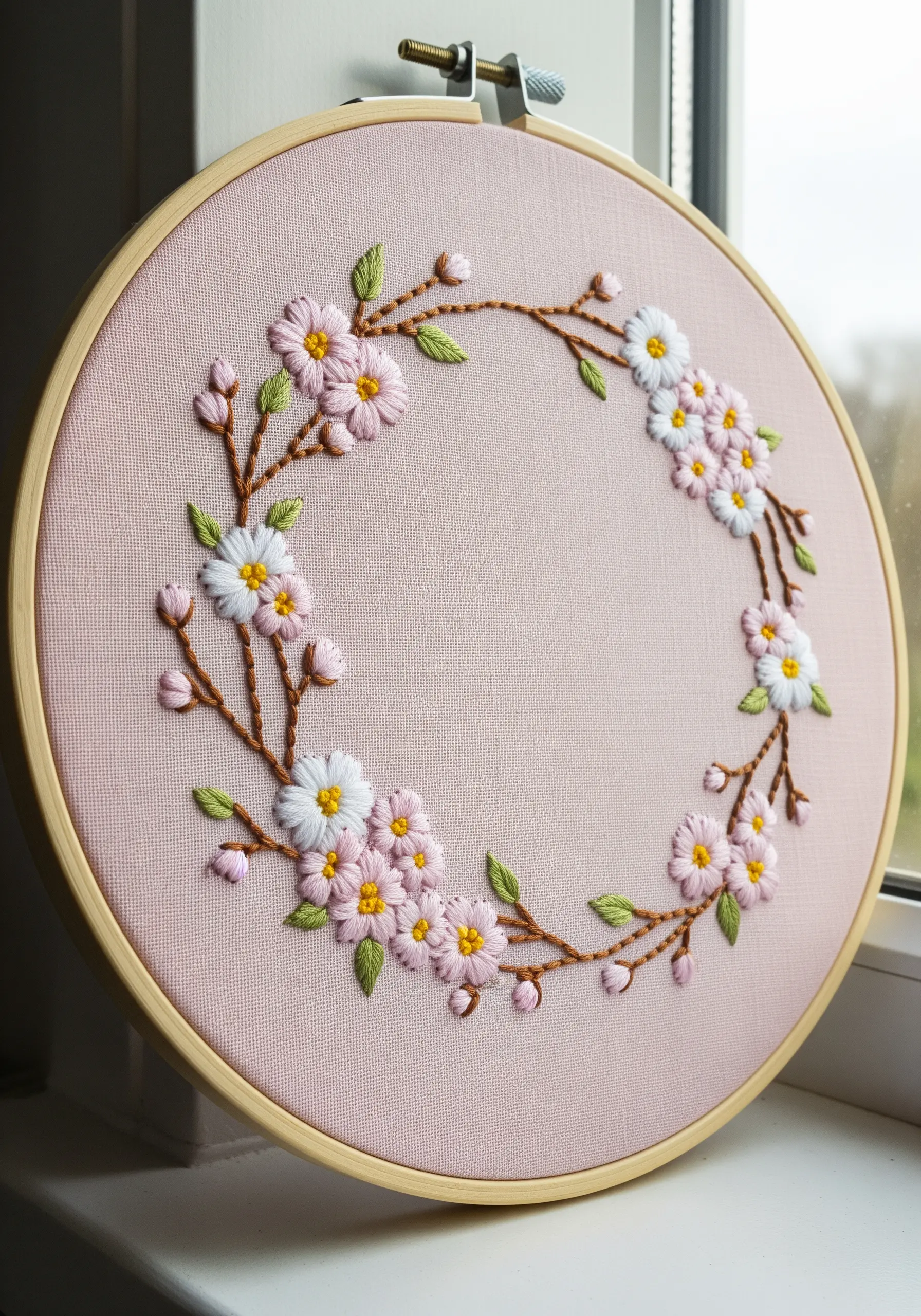 An embroidery wreath of pink and white cherry blossoms on delicate brown branches.