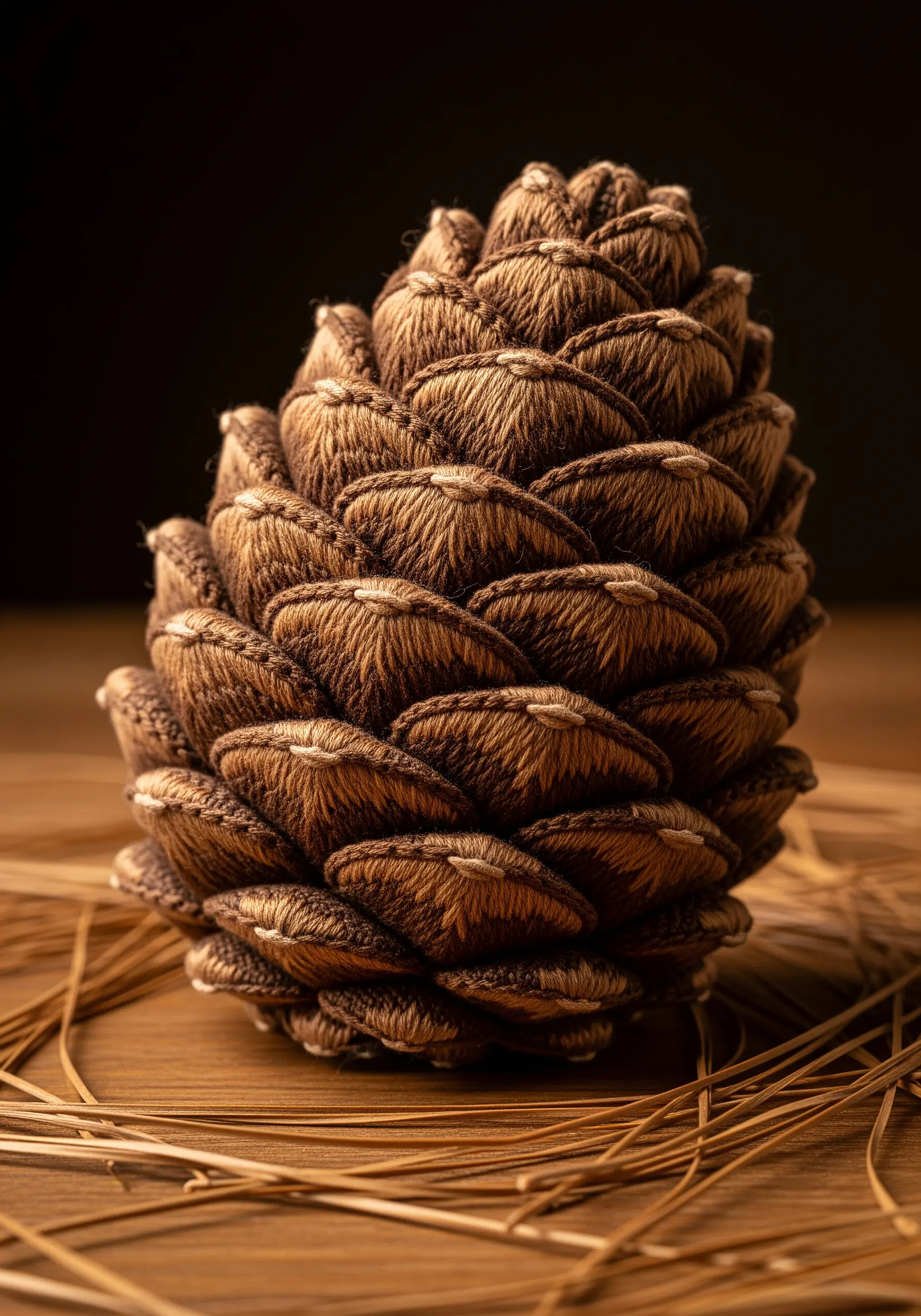 A highly realistic, three-dimensional embroidered pine cone with layered satin stitch scales.