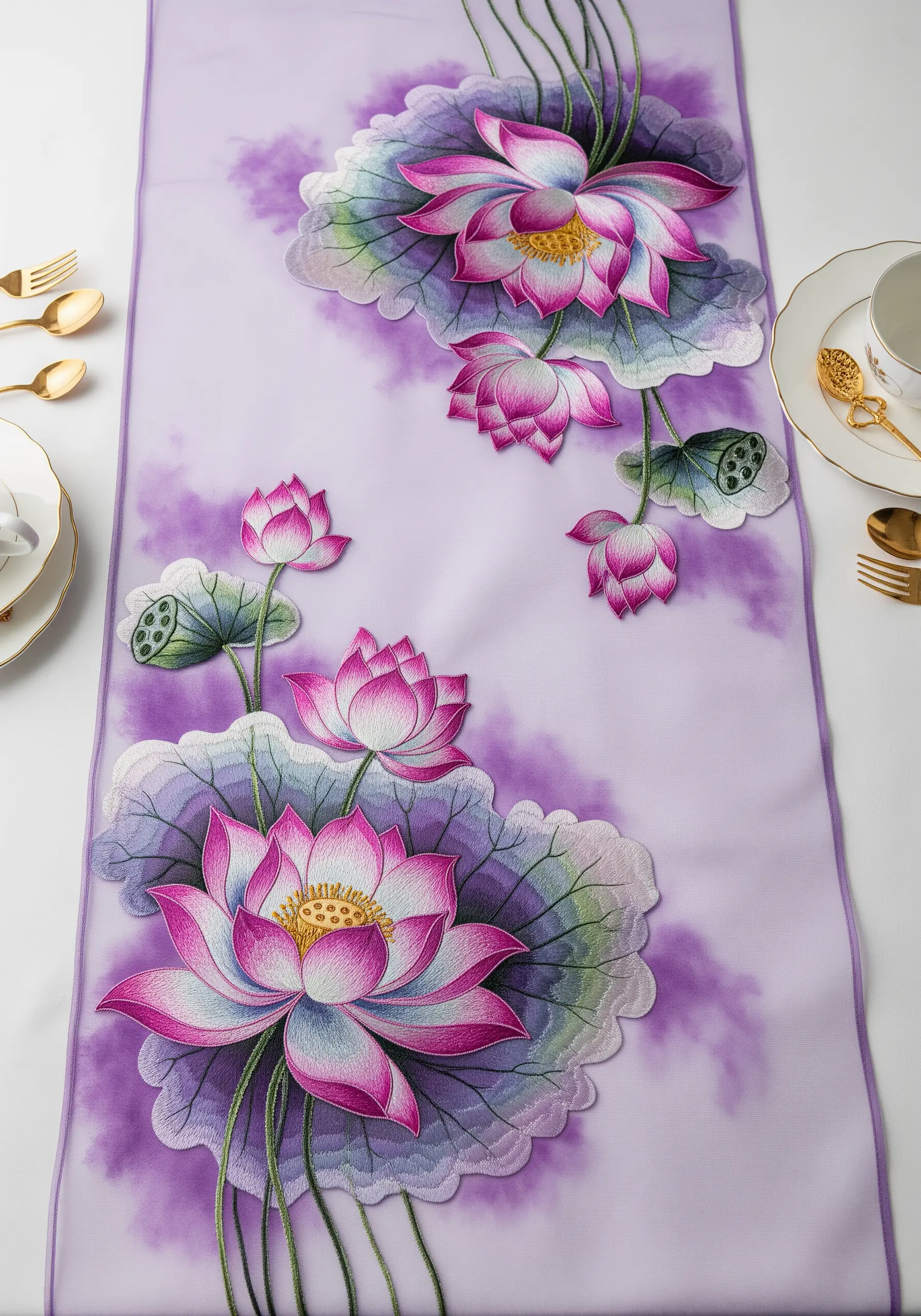Embroidered lotus flowers on a lavender runner, using sheer appliqué for a watercolor effect.