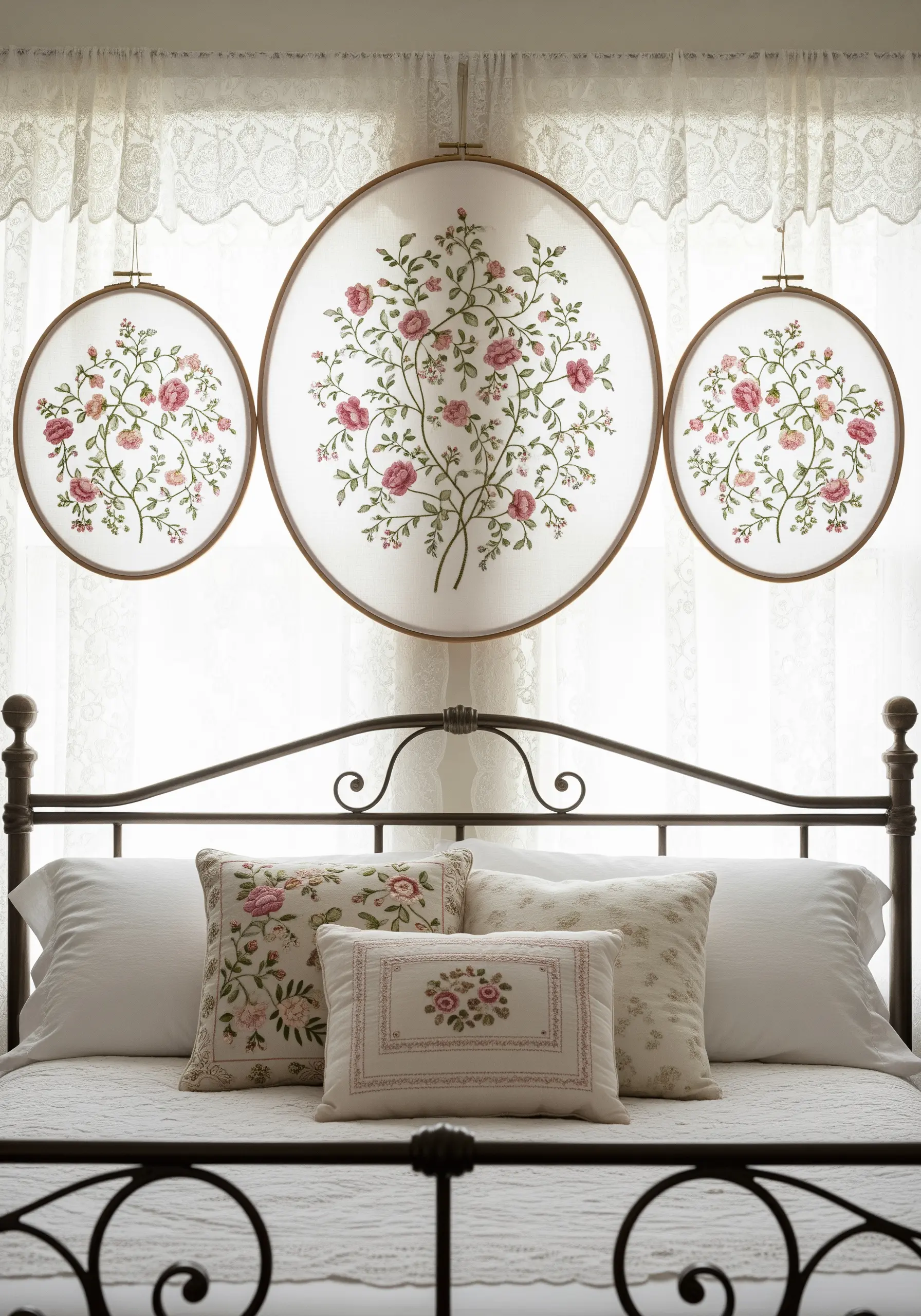 Three embroidery hoops with delicate rose patterns on sheer fabric, hung over a bed.