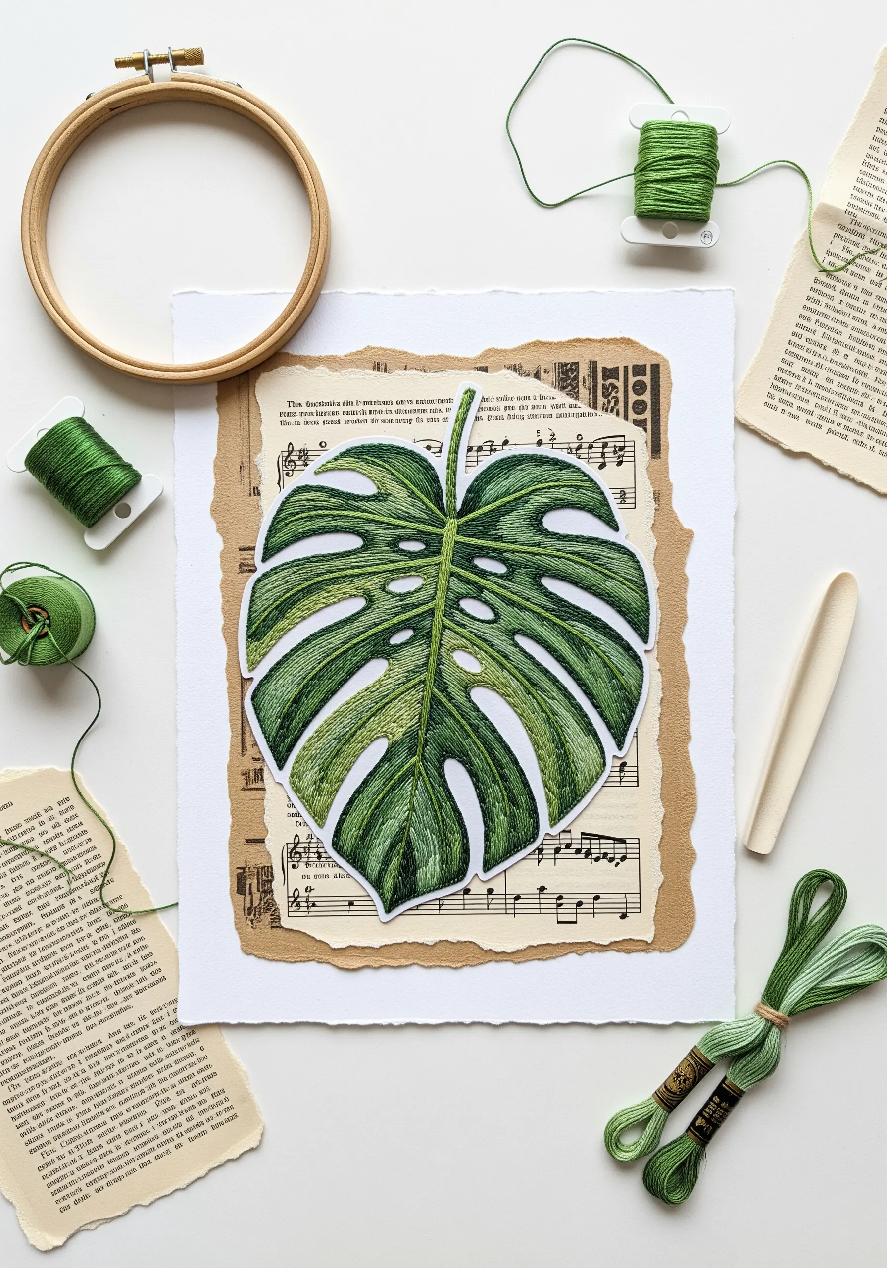 An embroidered monstera leaf on cut-out paper, layered over vintage sheet music and craft paper.