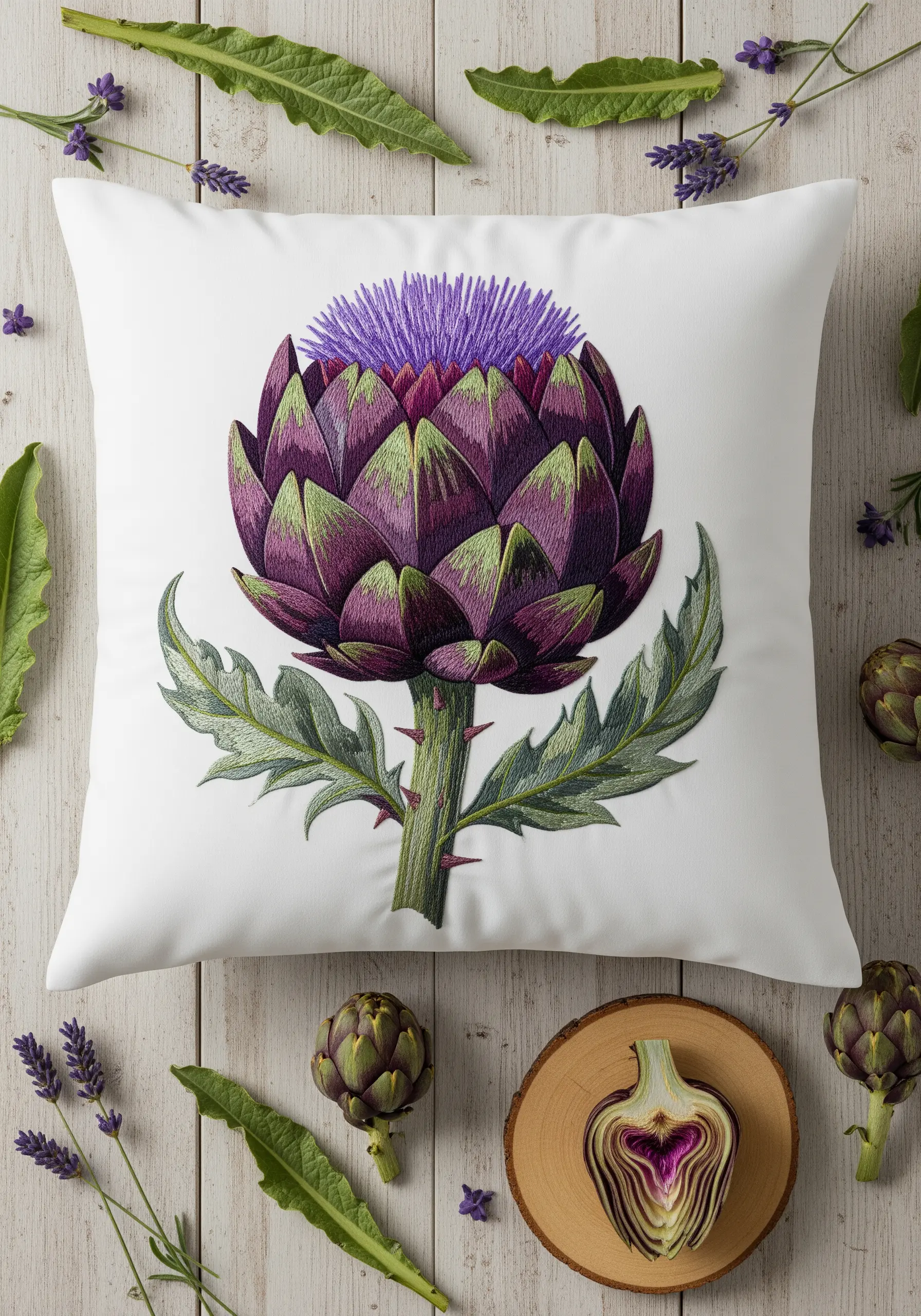 A large, realistically shaded artichoke flower embroidered on a white pillow.
