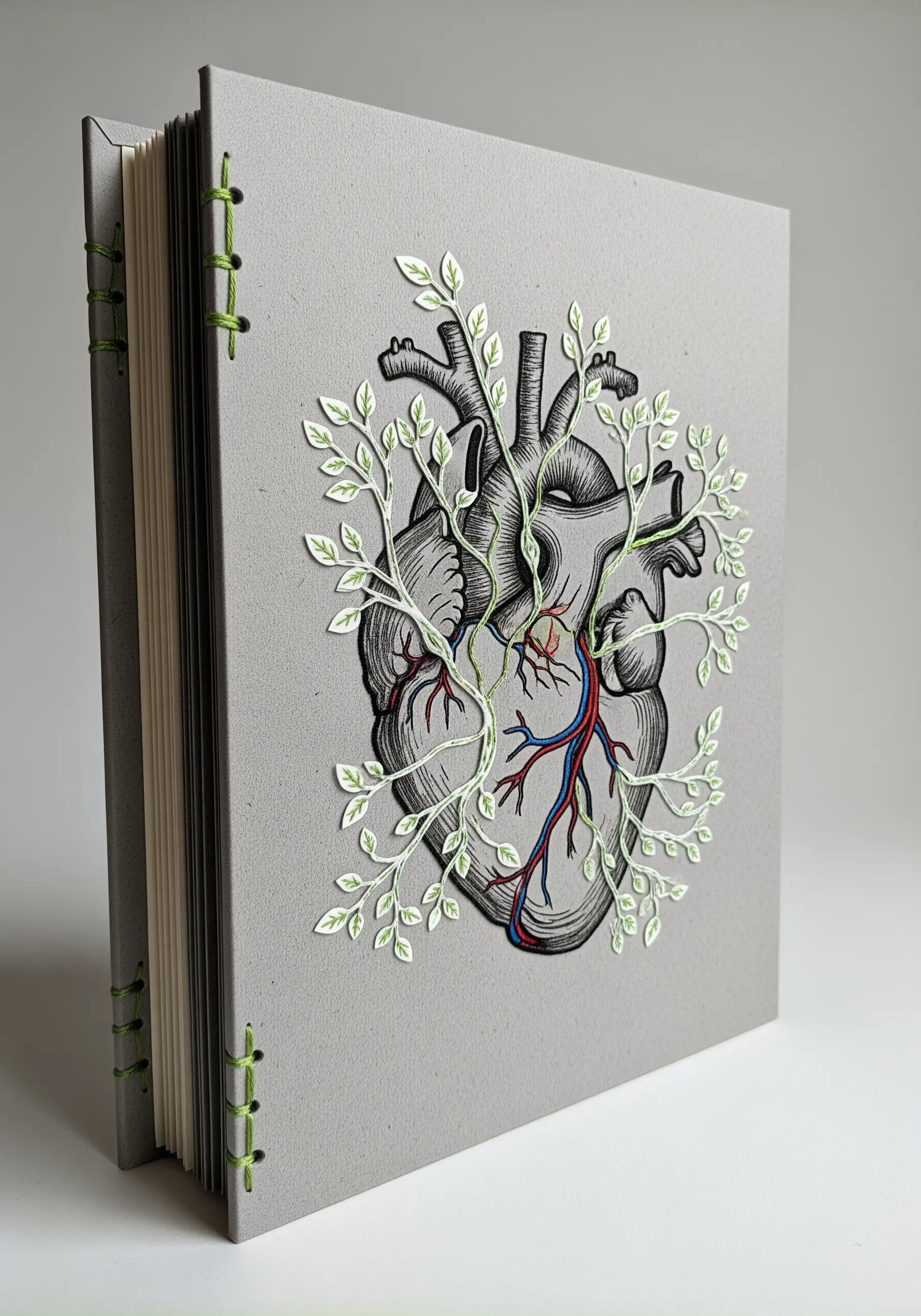 A journal with an anatomical heart illustration, where arteries are stitched in red and blue thread.