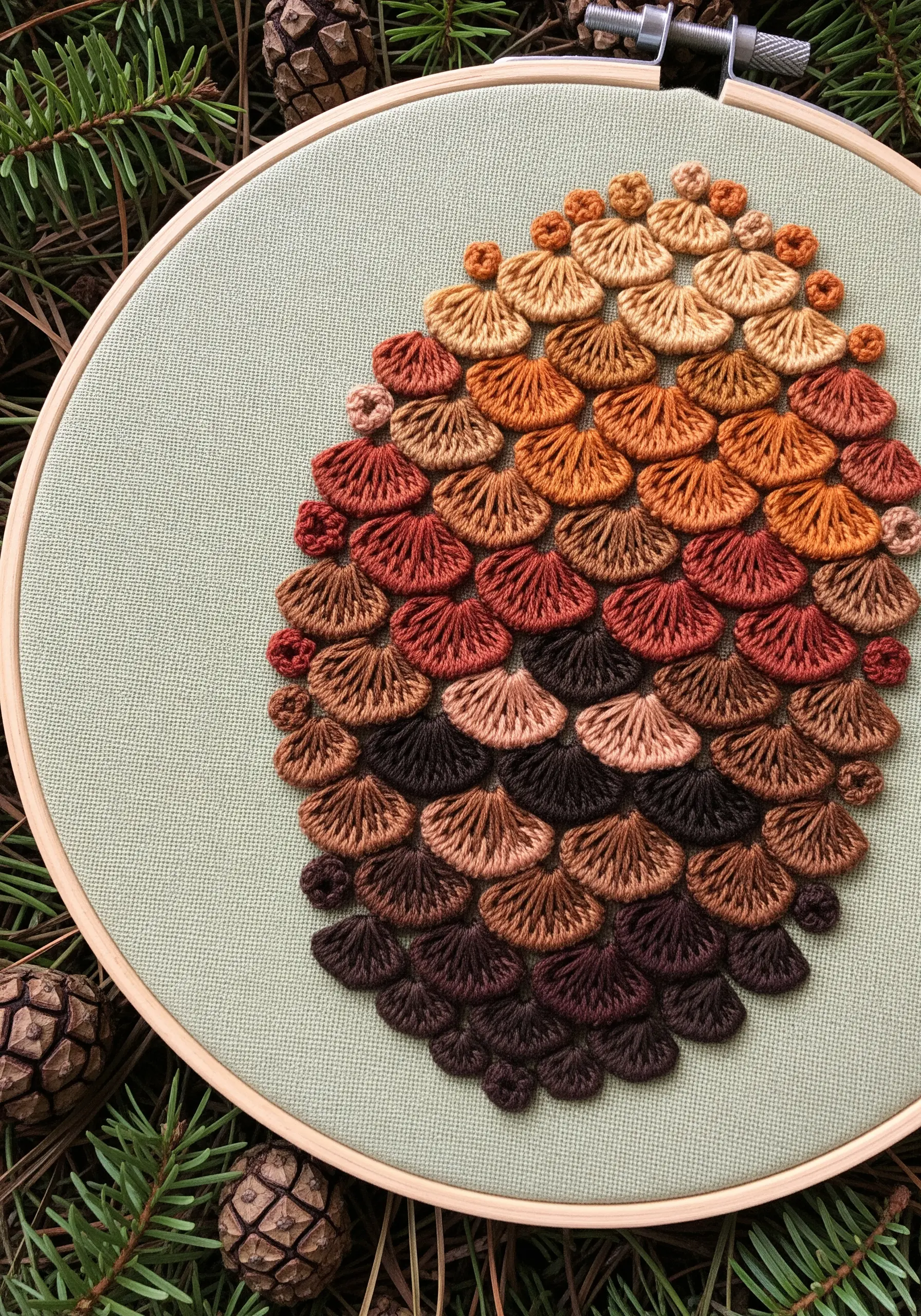 Close-up of an embroidered pinecone with layered, scale-like stitches in shades of brown and orange.