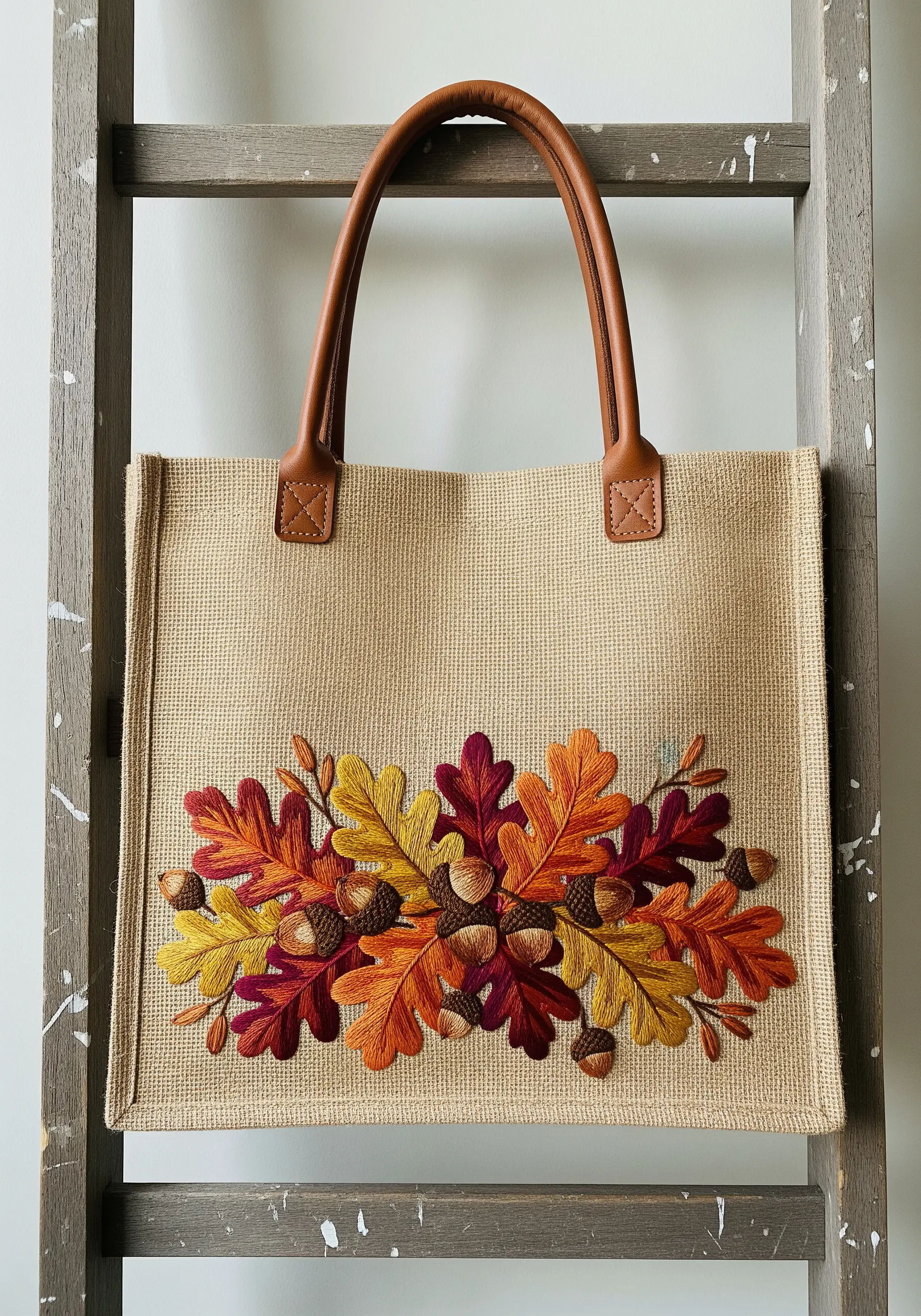 A dense cluster of embroidered autumn oak leaves and acorns on a burlap tote.