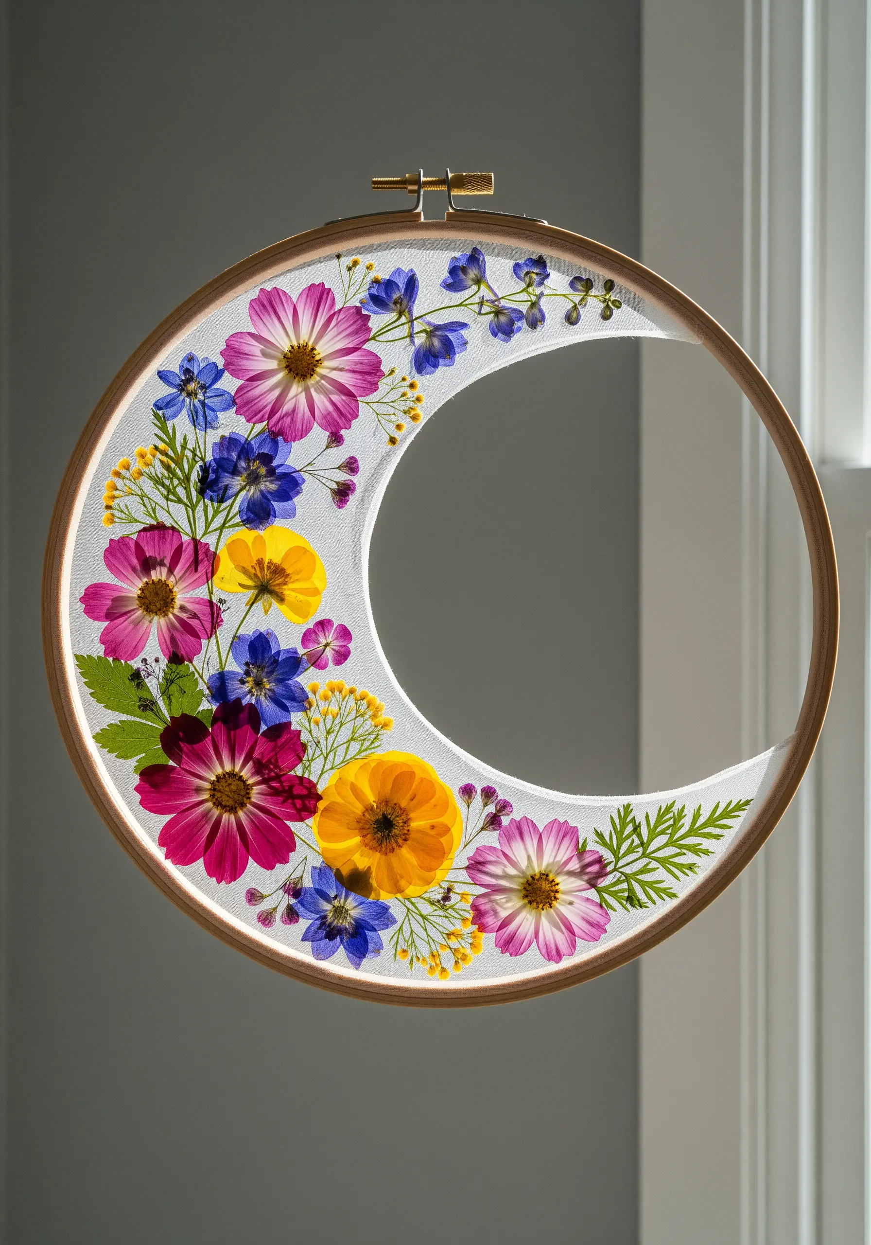 Pressed cosmos and delphiniums arranged in a crescent moon shape on sheer fabric in a hoop.