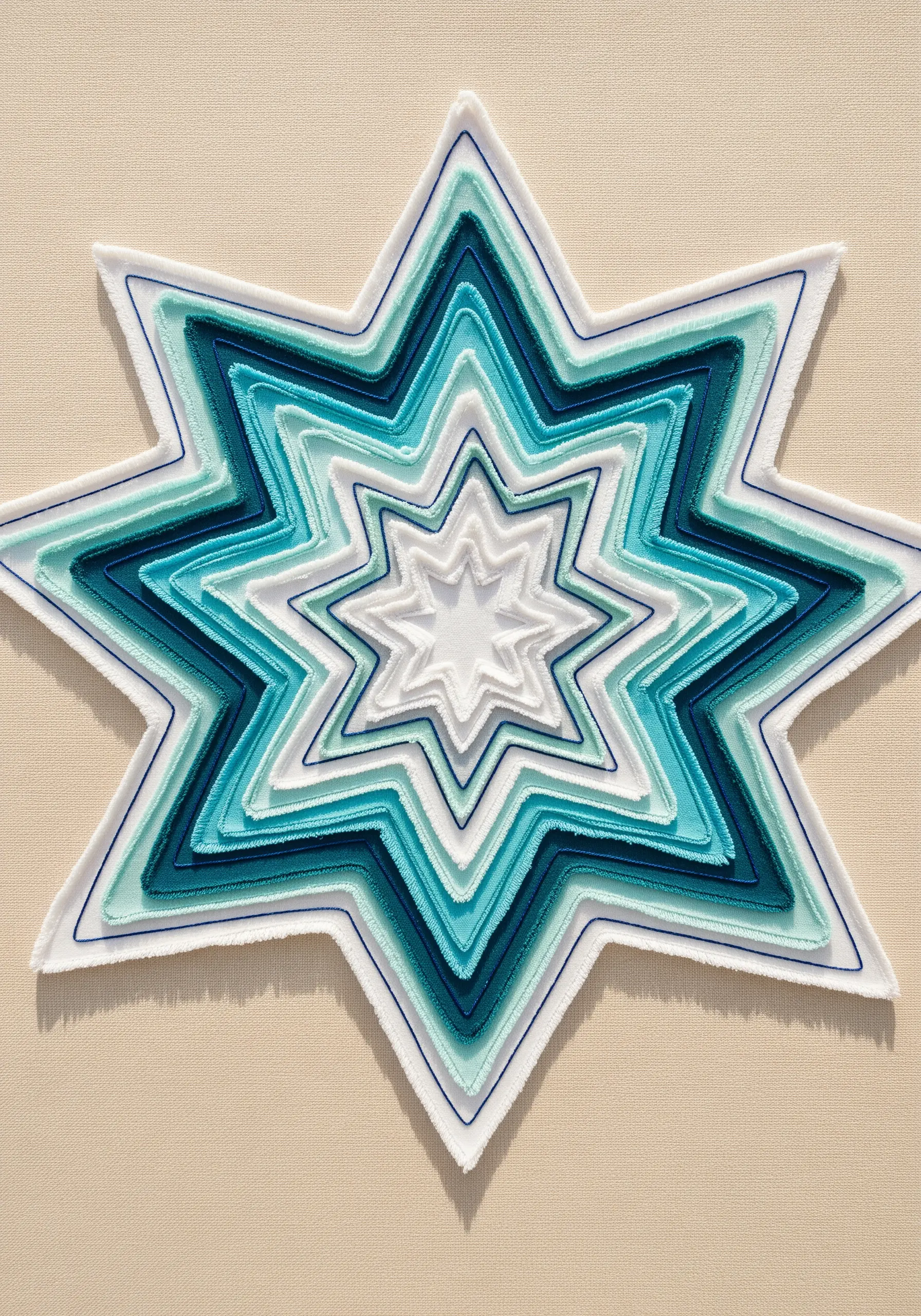 A layered star appliqué in shades of teal, blue, and white with echo stitching.