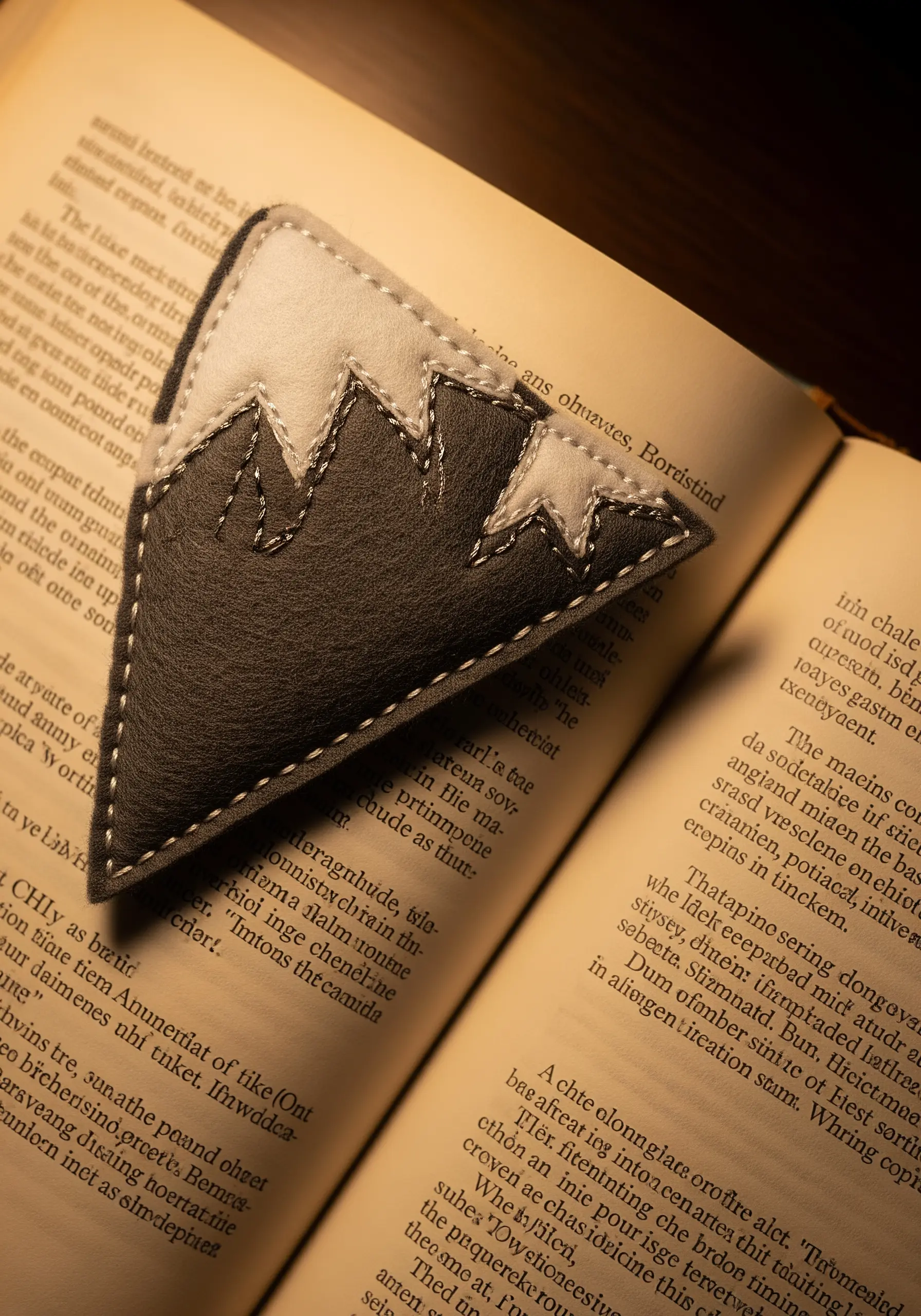 A layered felt bookmark with a mountain design, stitched with a running stitch border
