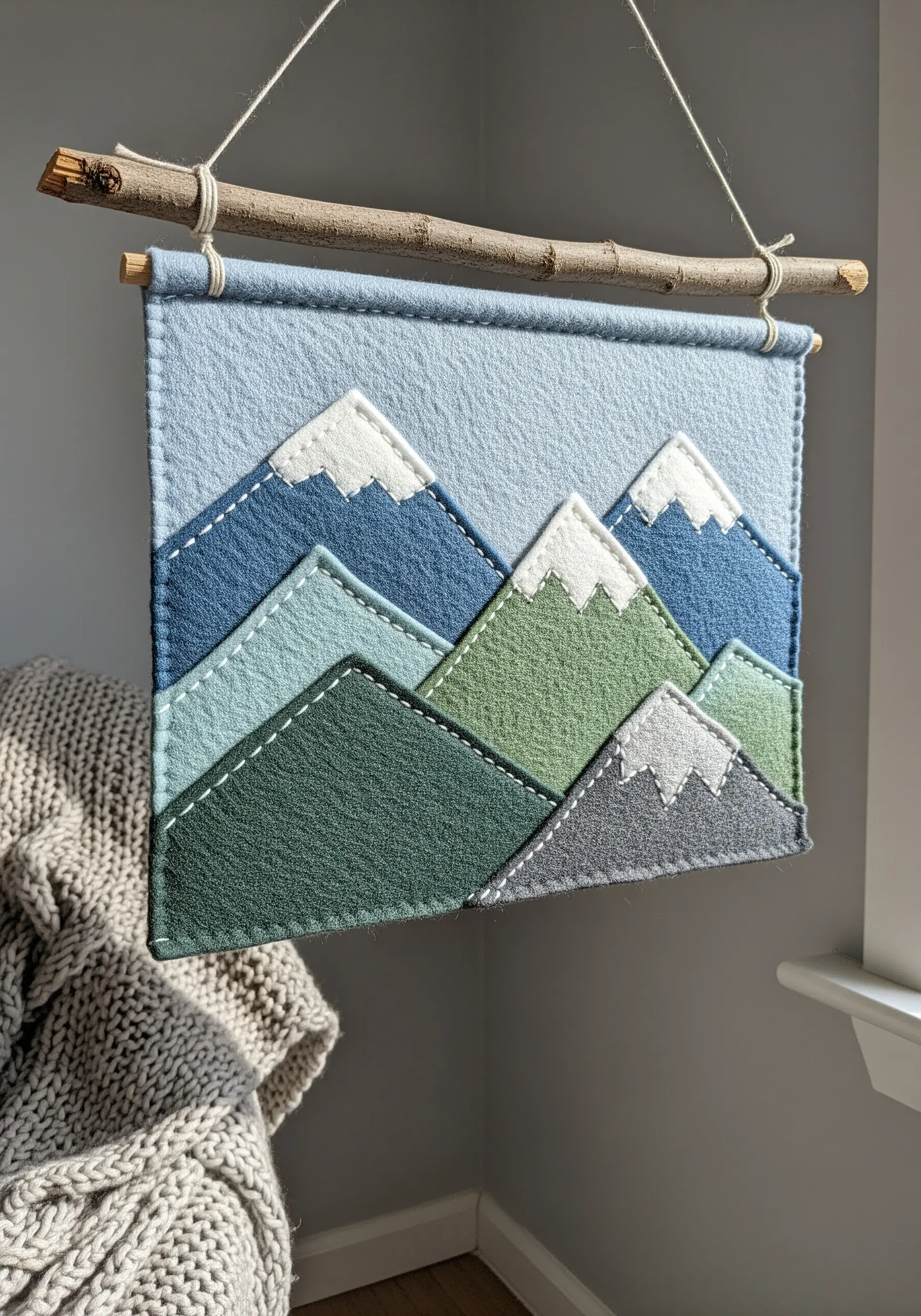 Layered felt wall hanging of a mountain range in blue and green hues, with visible running stitch.