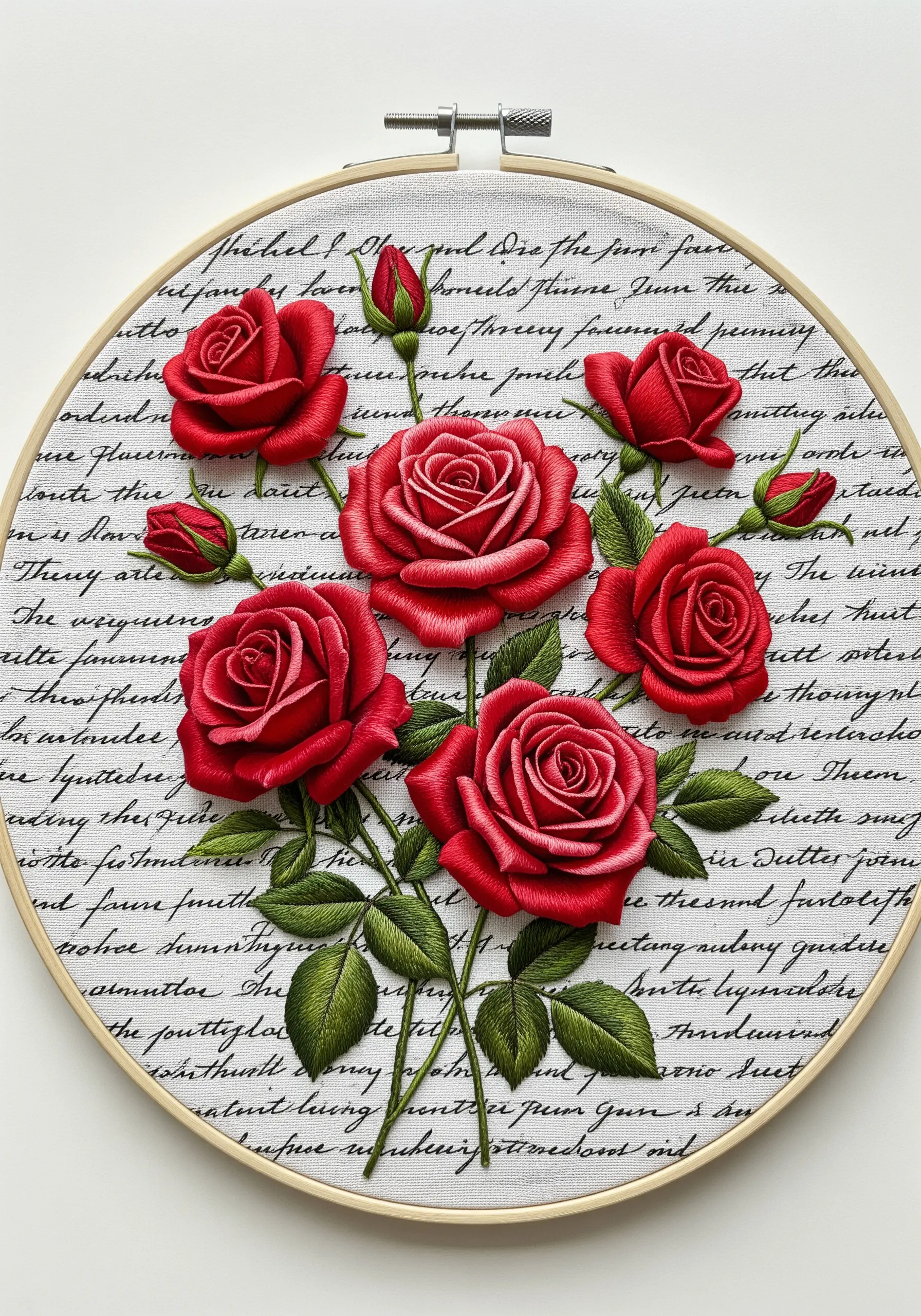 High-relief 3D red roses embroidered over a fabric printed with black cursive handwriting.