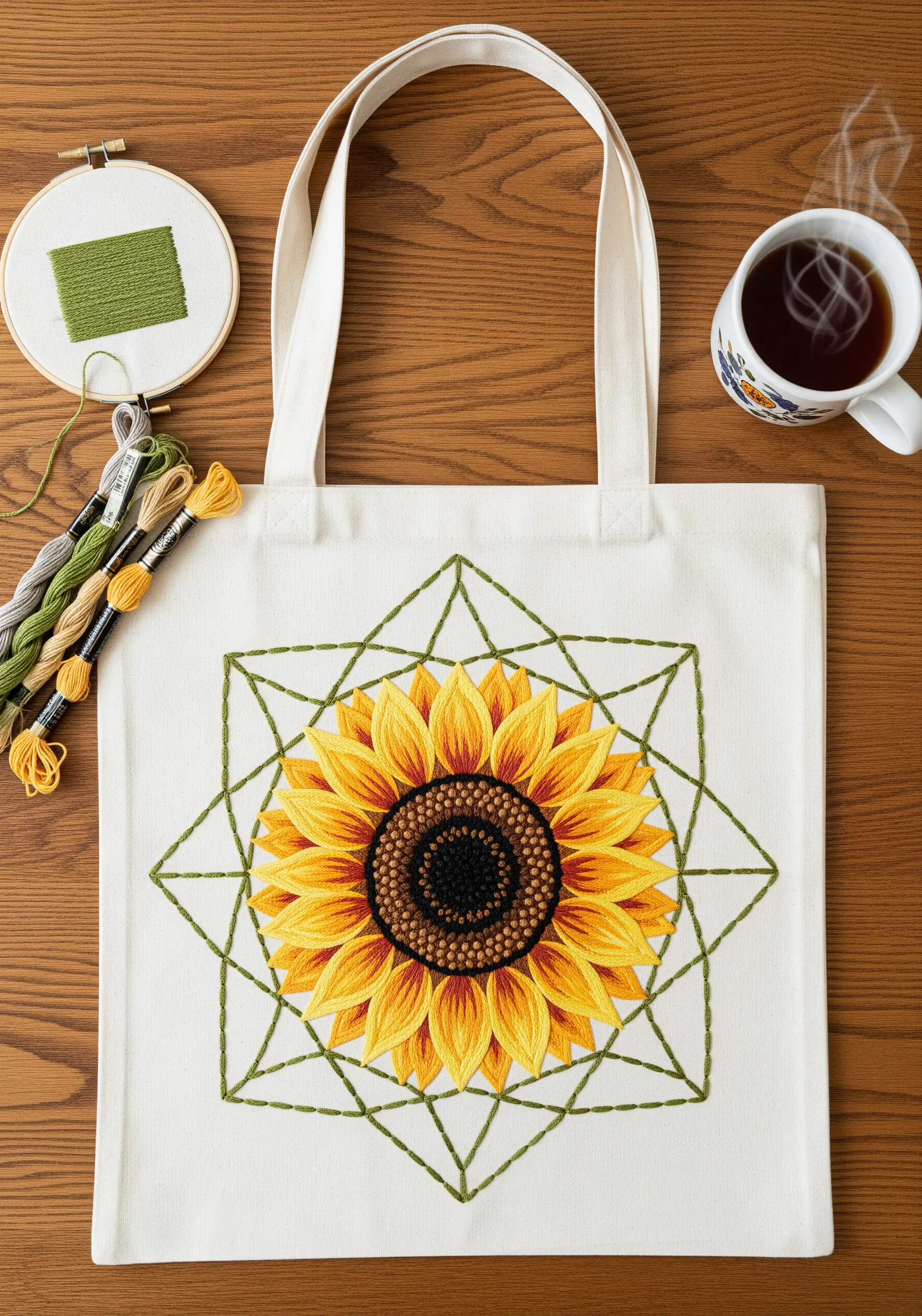Embroidered sunflower mandala with a geometric green outline on a white canvas tote bag.