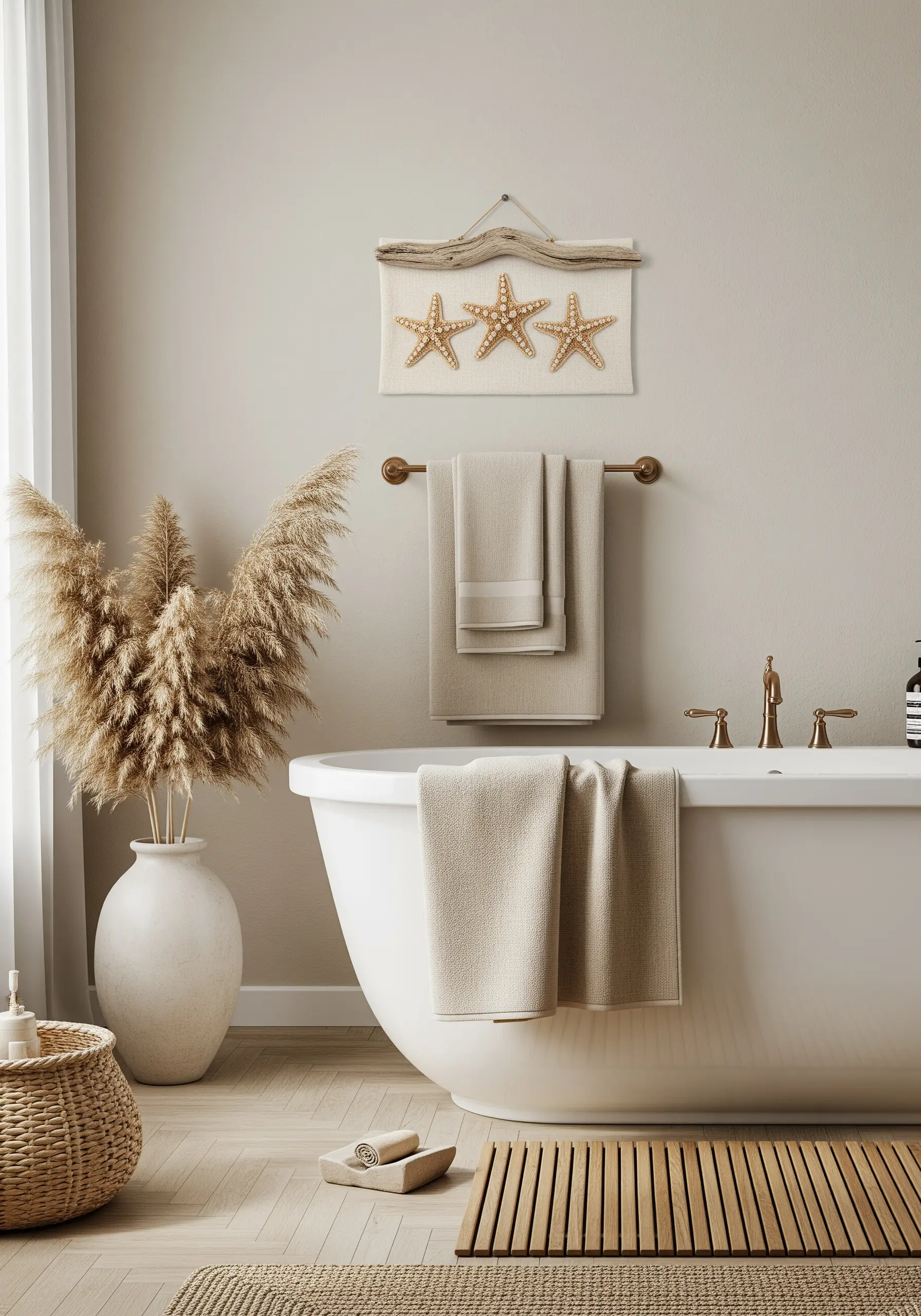 Three starfish appliquéd onto canvas, hanging from a piece of driftwood.