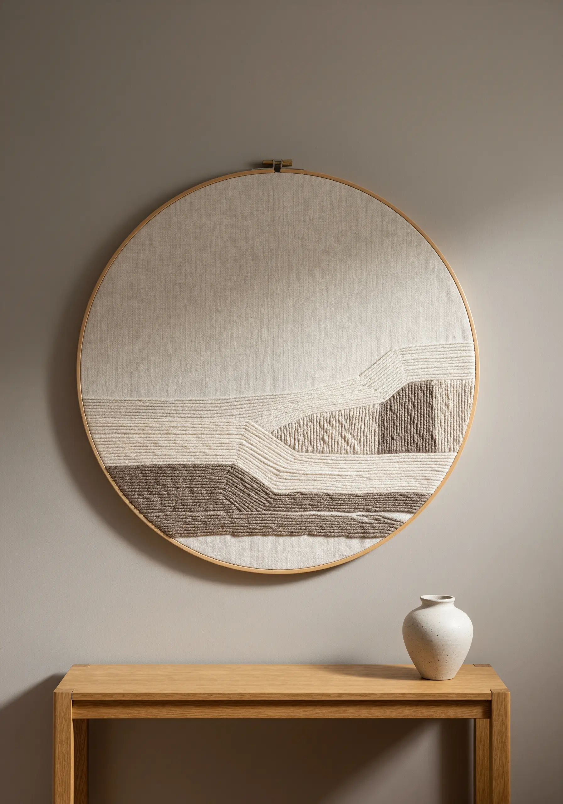 Abstract landscape embroidery in a hoop using layered yarns in taupe, vanilla, and cream.
