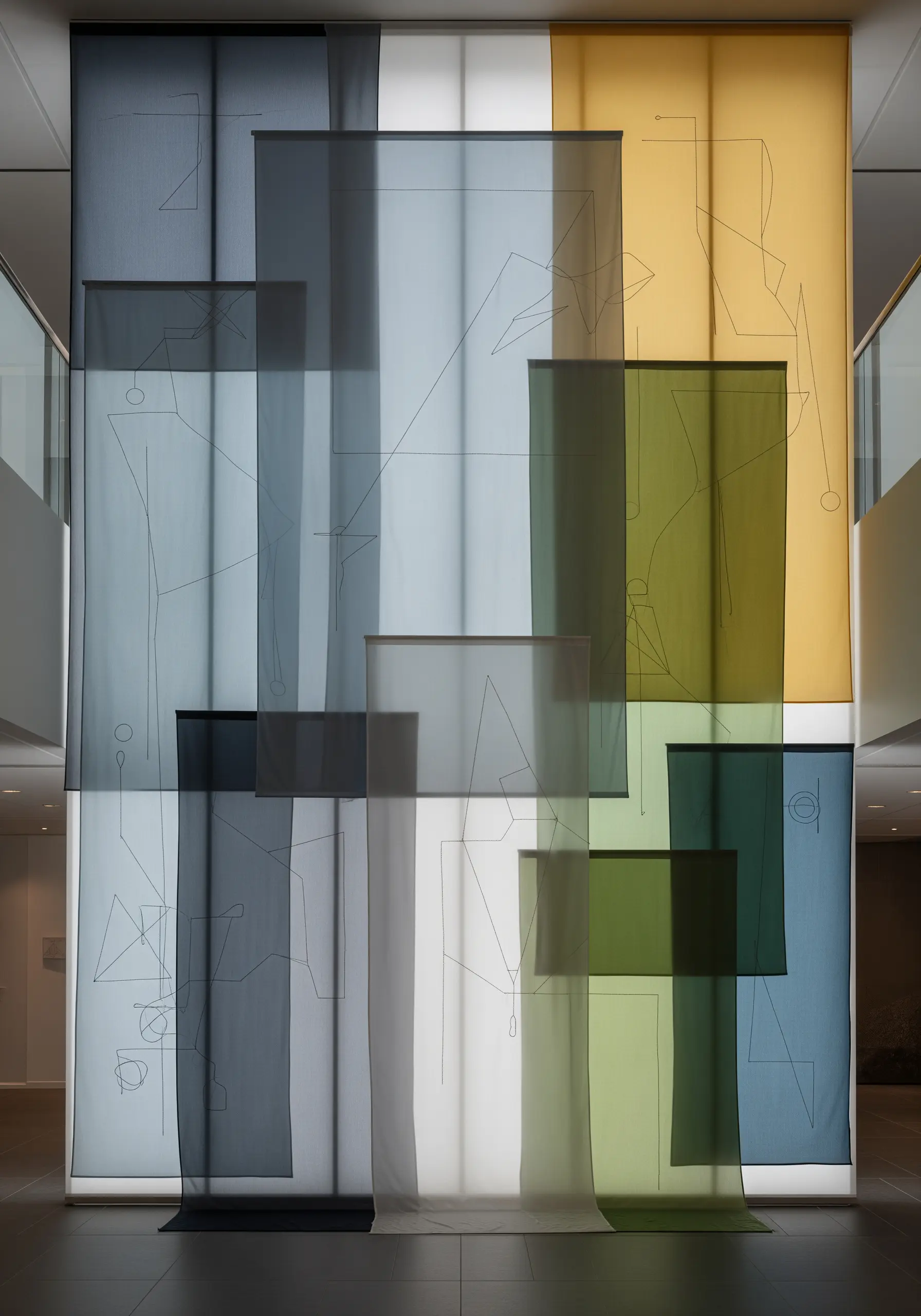 Large installation of layered sheer fabric panels in muted colors with fine line embroidery.
