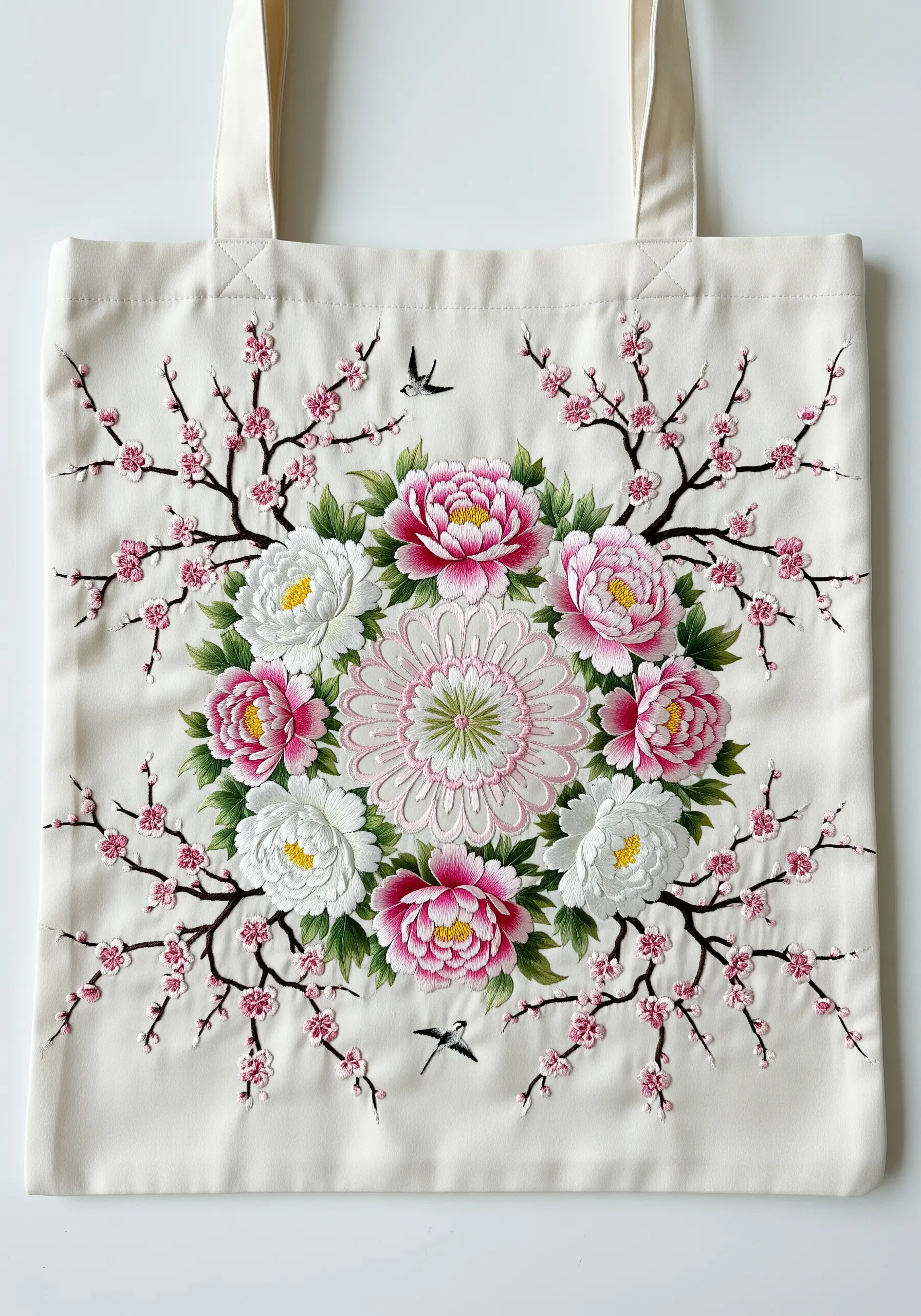 A central bouquet of peonies and chrysanthemums surrounded by cherry blossom branches on a tote bag.