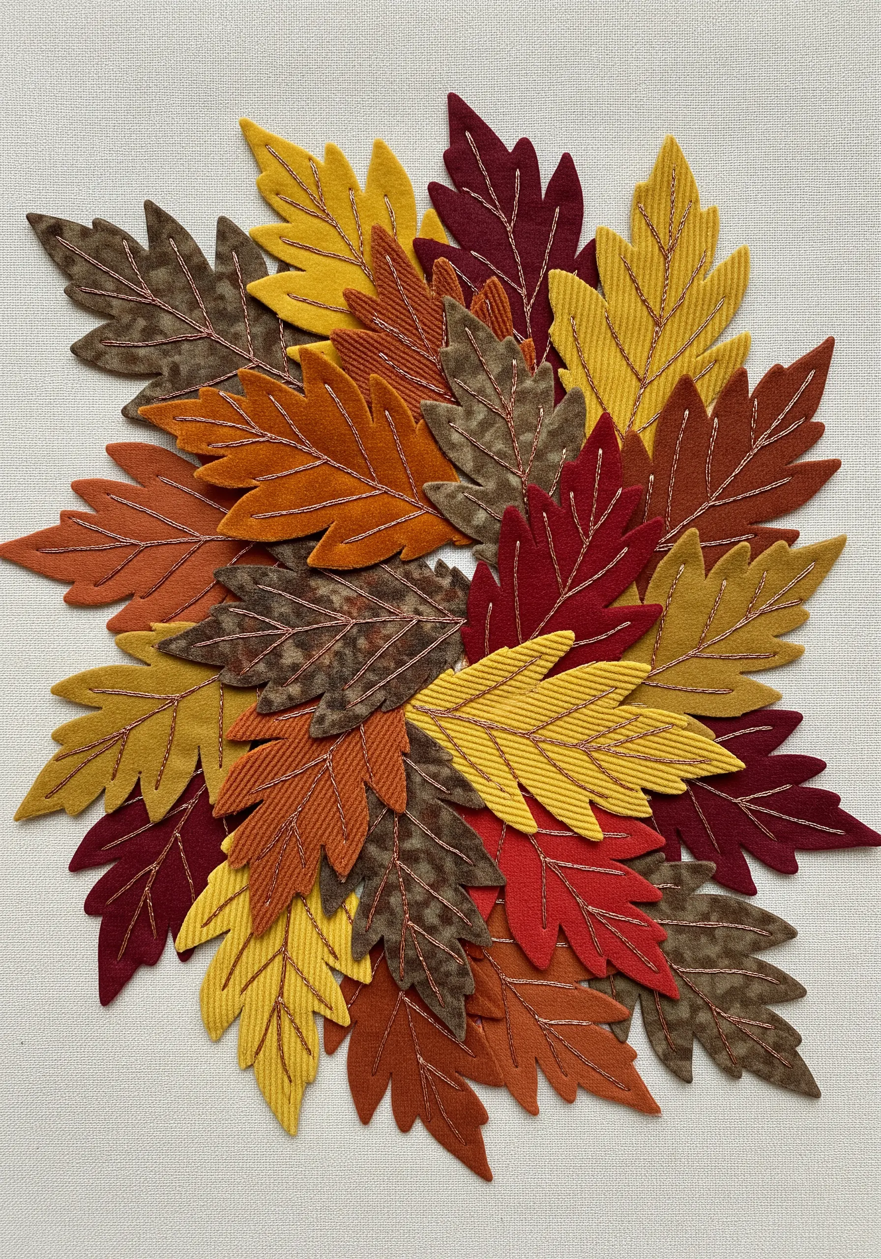 A circular arrangement of layered autumn-colored felt and corduroy leaves with stitched veins.