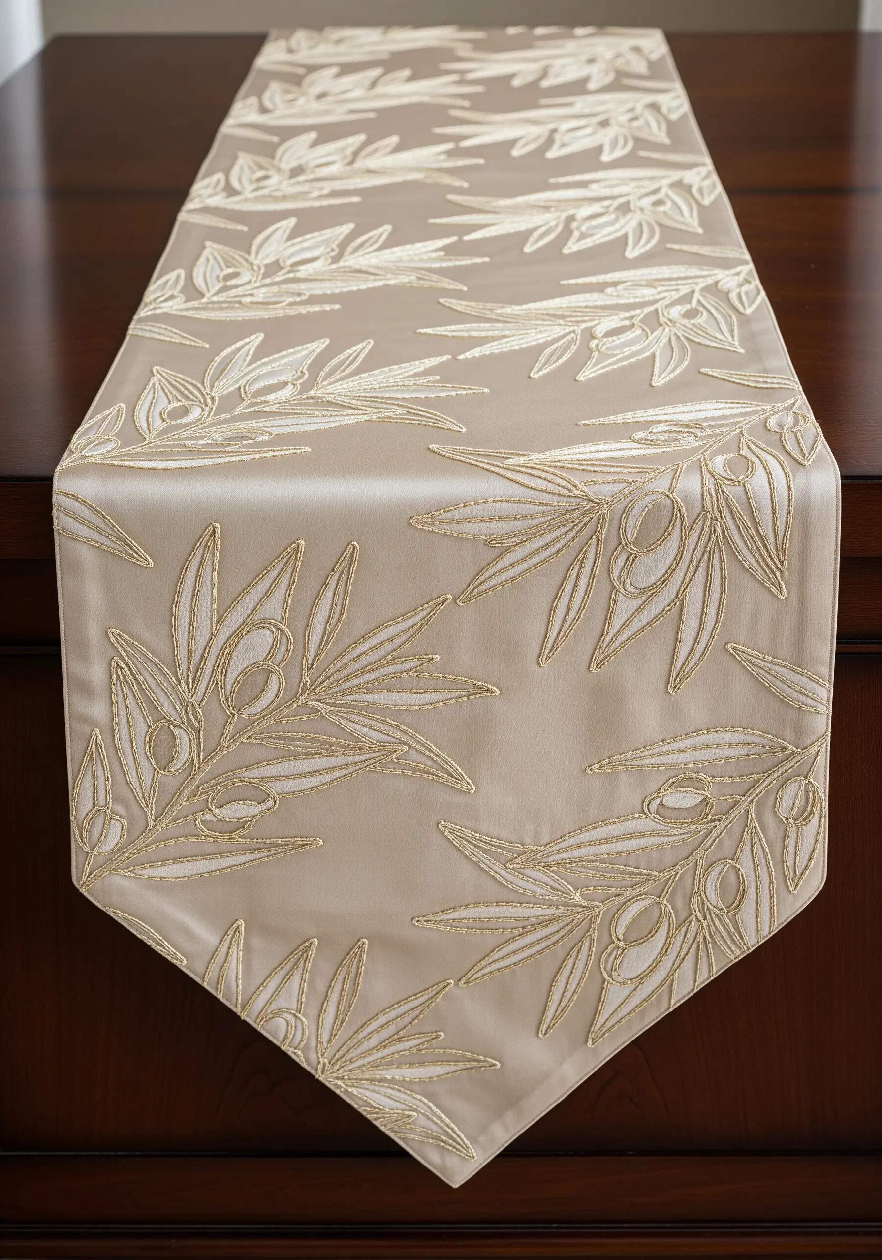 Cream and gold embroidery of olive branches on a beige satin table runner.