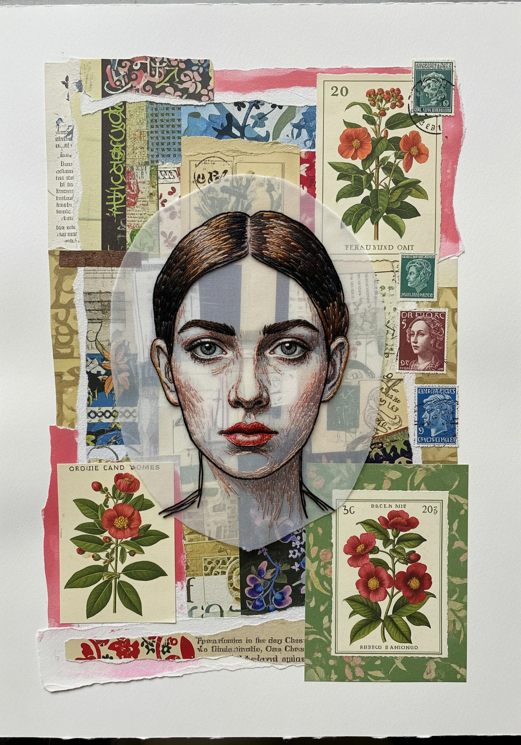 A mixed-media collage with a line-art portrait stitched on vellum over vintage papers.
