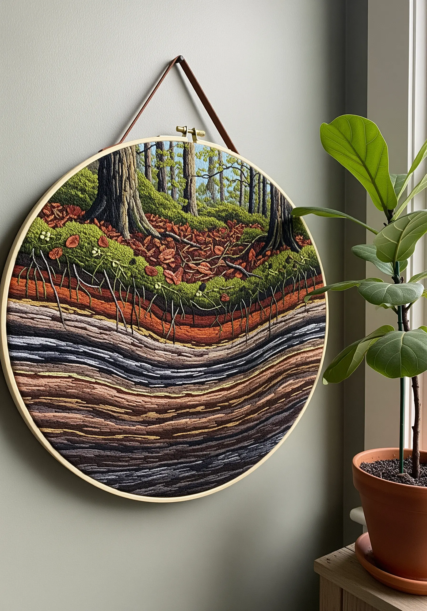 Hoop art depicting a forest cross-section with detailed soil layers and tree roots.
