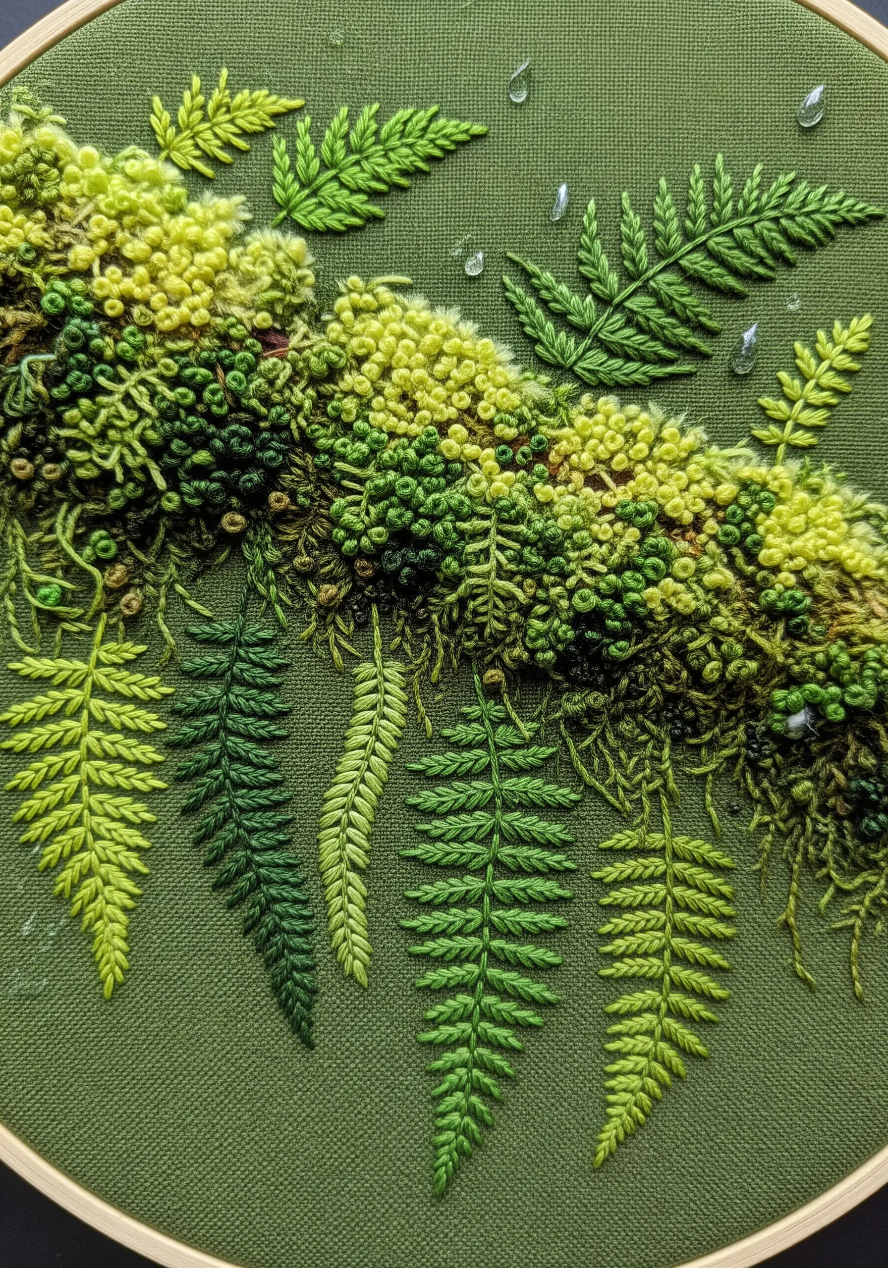 Hyper-realistic embroidery of a mossy branch with detailed ferns and water droplets.