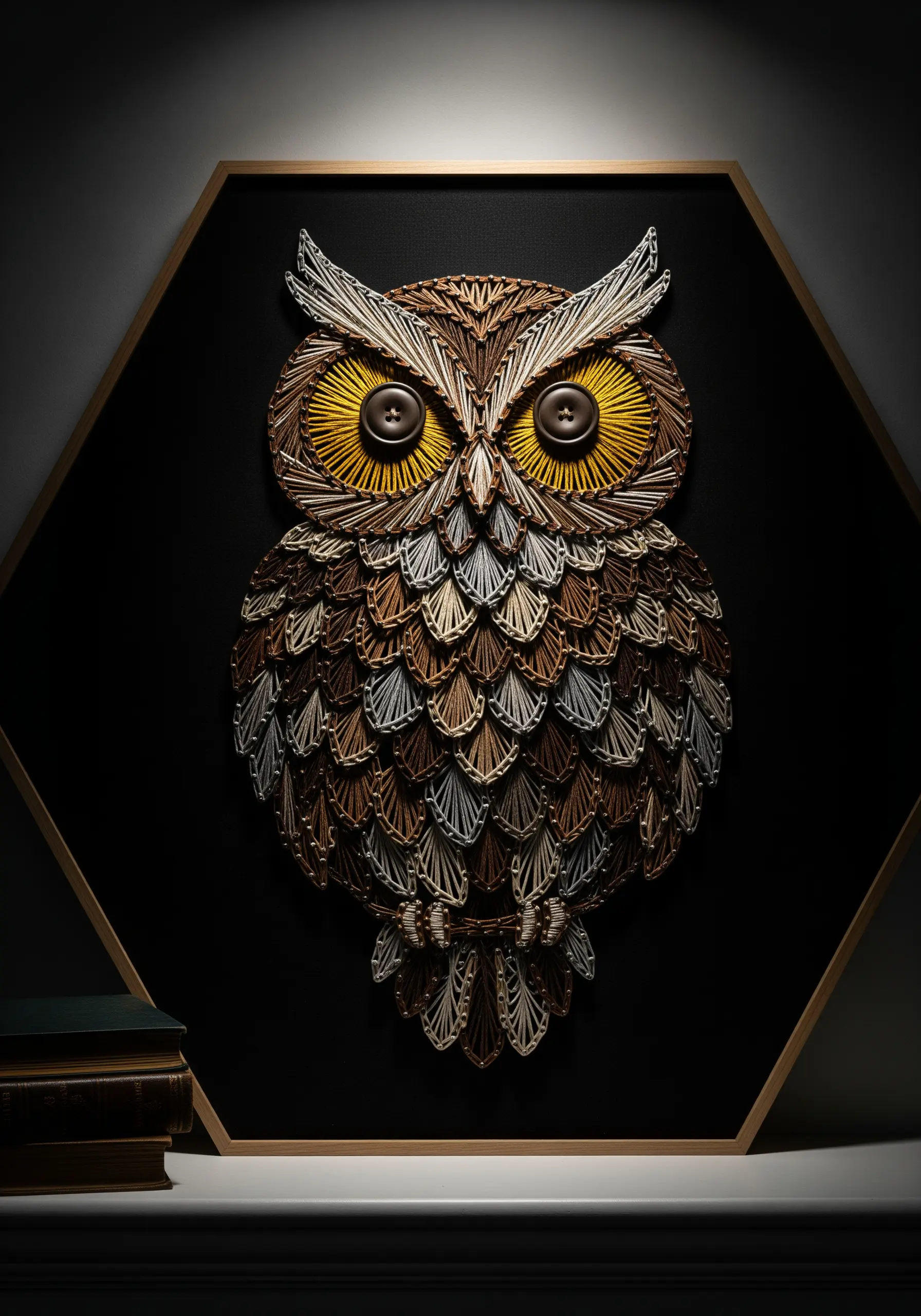 Highly detailed string art owl with button eyes and layered feather texture.