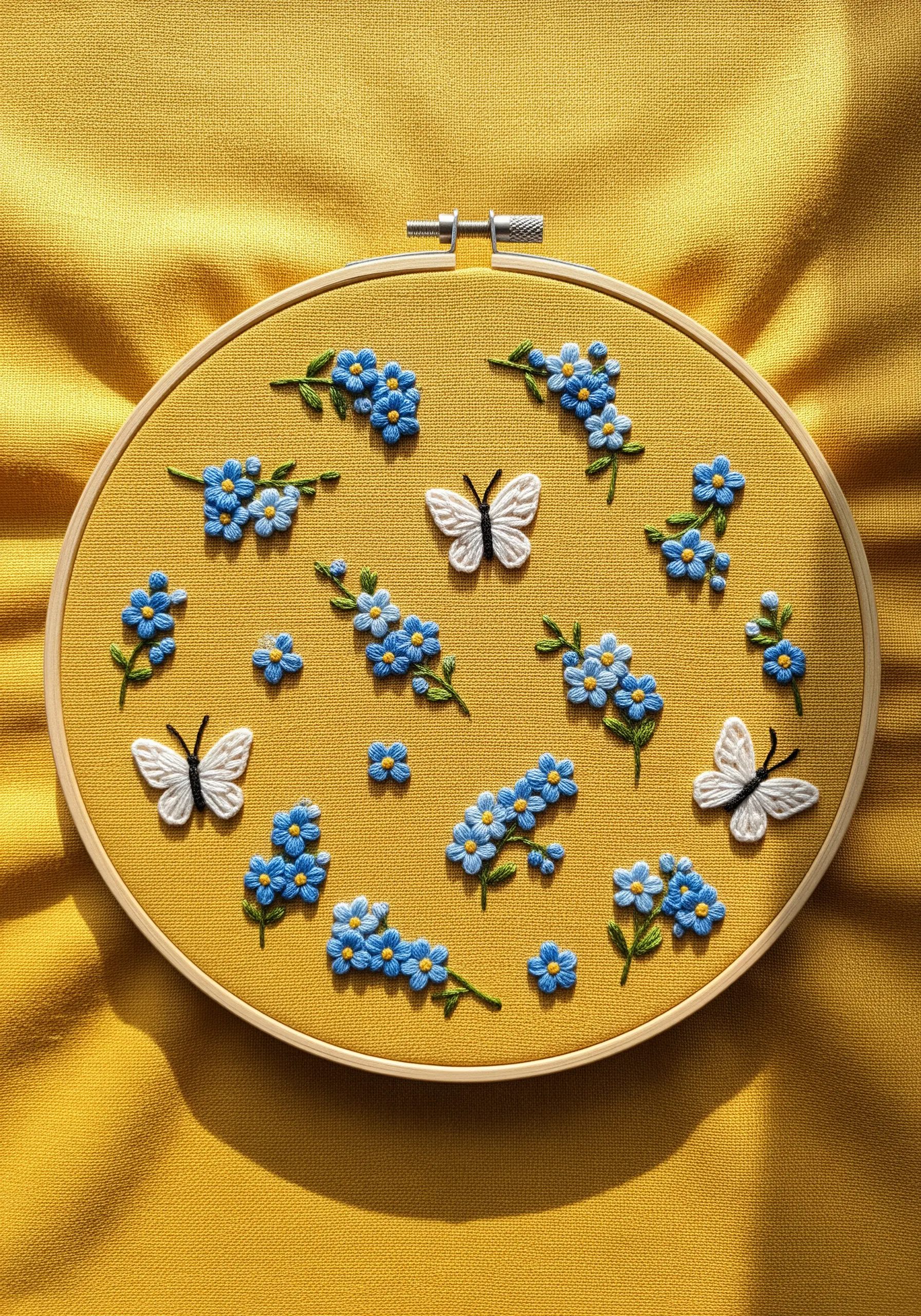 Scattered blue forget-me-nots and white butterflies embroidered on bright yellow fabric.