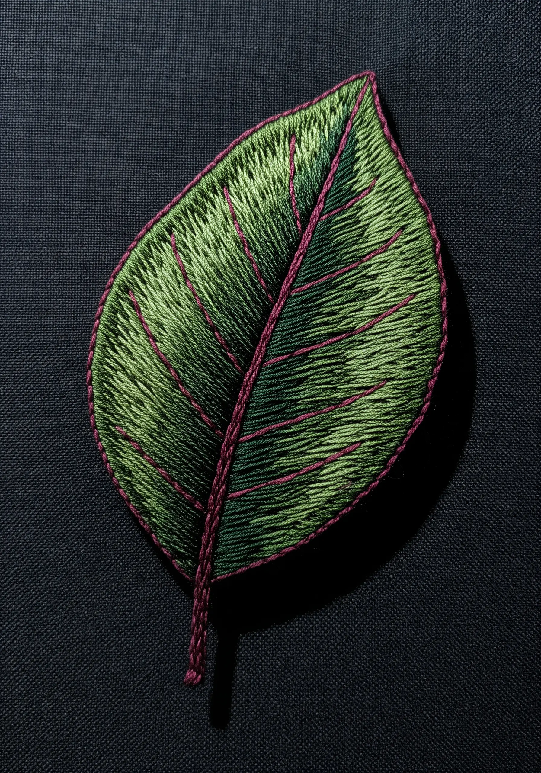 A vibrant green embroidered leaf with pink veins on a solid black fabric background.