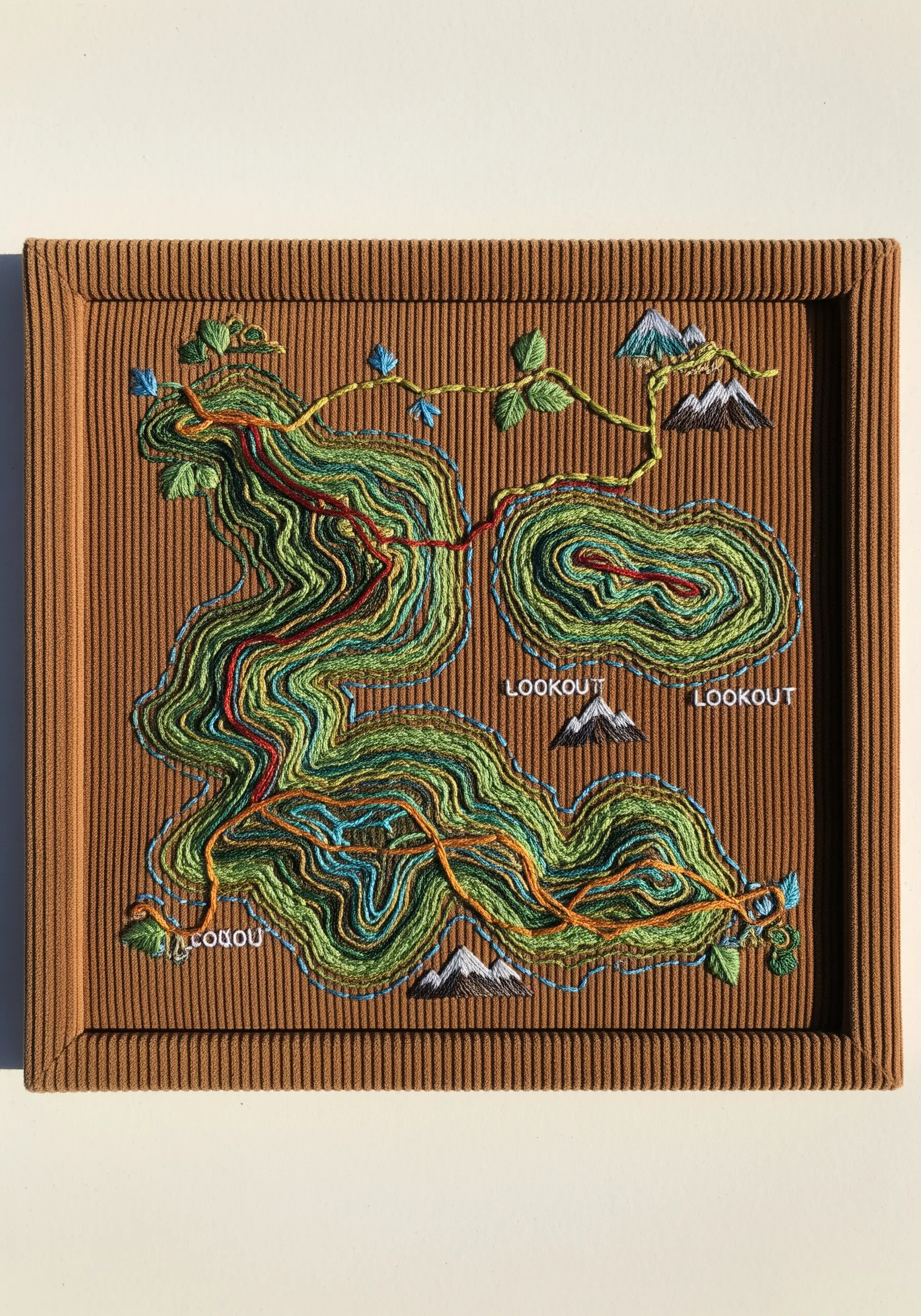 Topographical map embroidered on brown corduroy fabric, with variegated green threads.