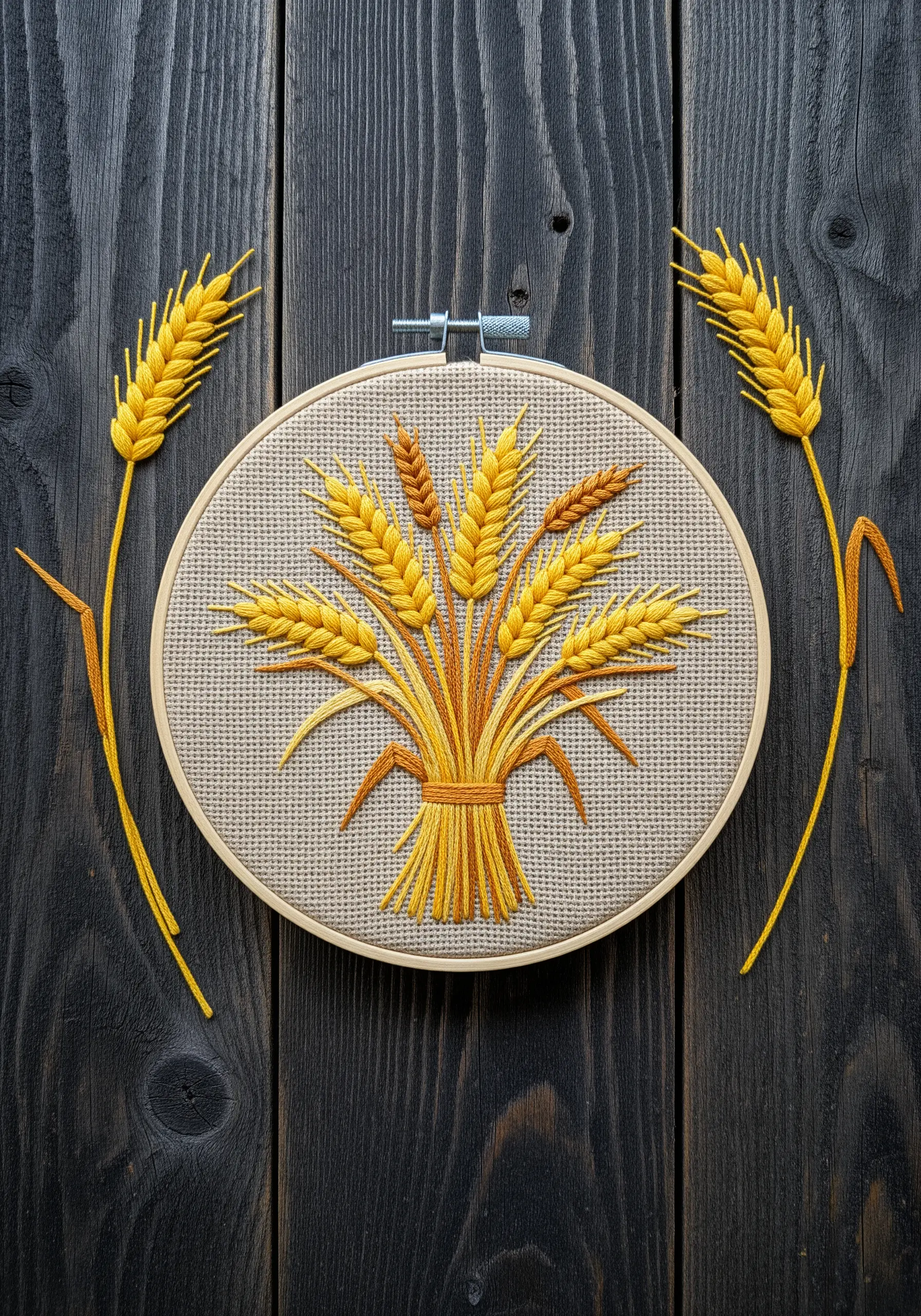 A sheaf of wheat embroidered with directional satin stitches in shades of yellow and gold.