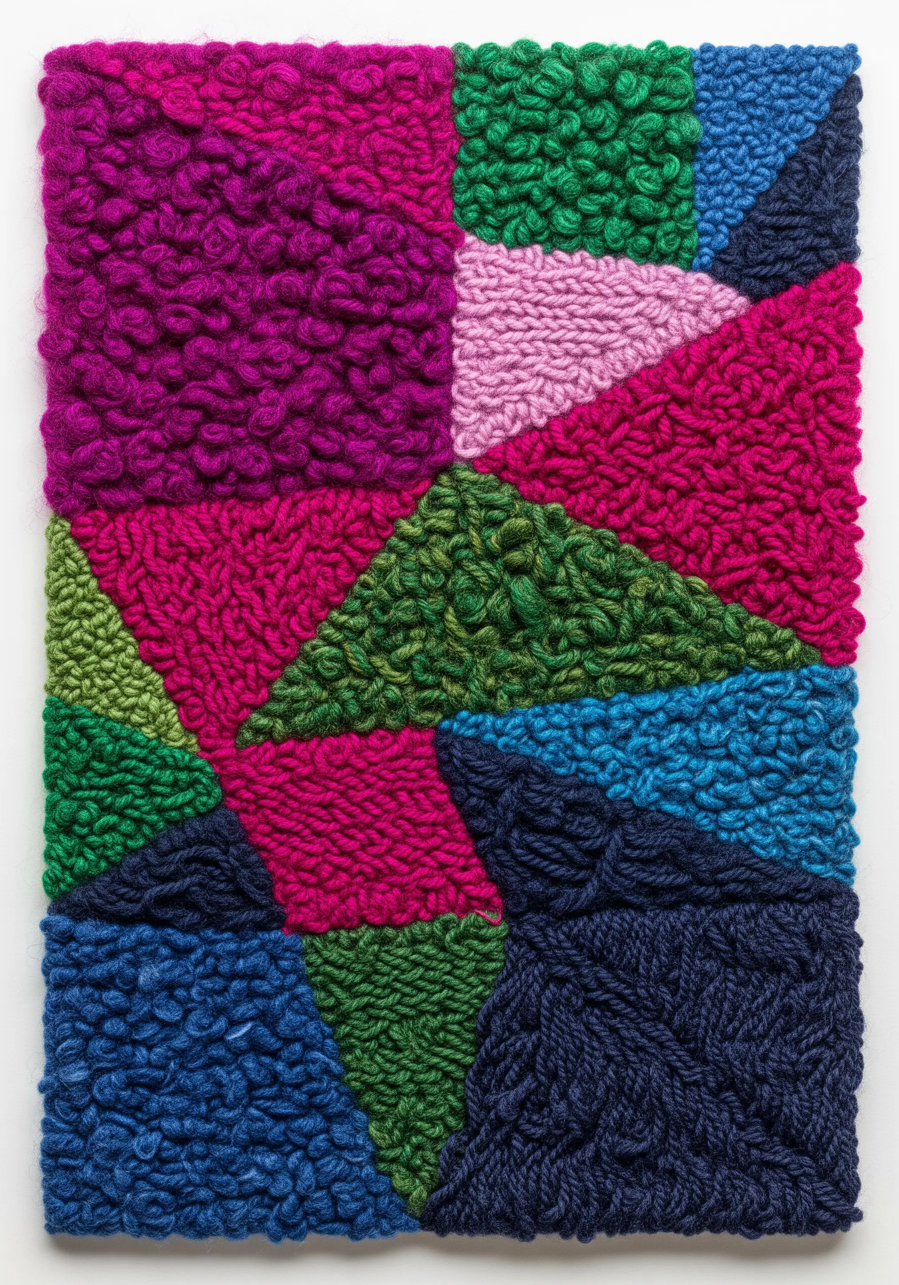 A highly textured punch needle piece with a patchwork of colorful geometric shapes.
