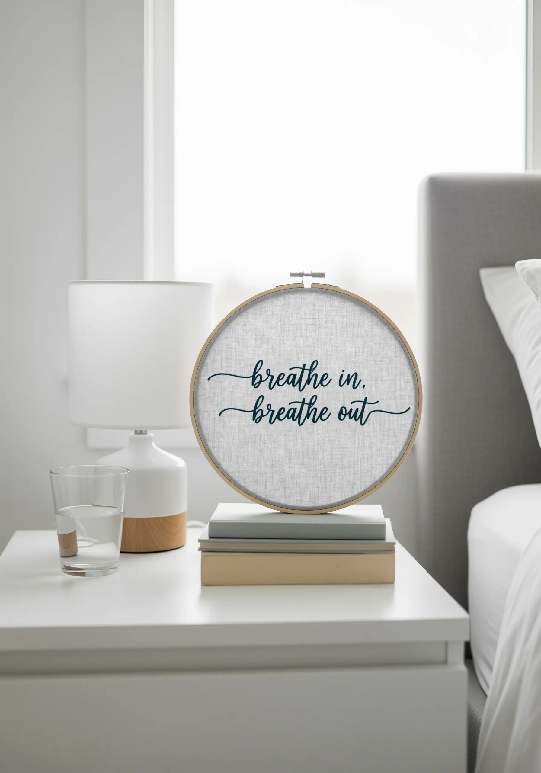 A simple embroidery hoop with the words 'breathe in, breathe out' stitched in cursive.