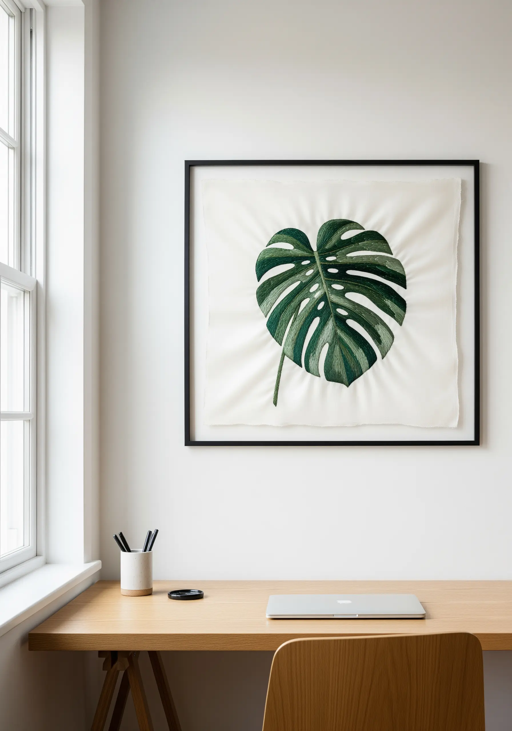 A large, realistic embroidery of a Monstera leaf with detailed directional stitching.