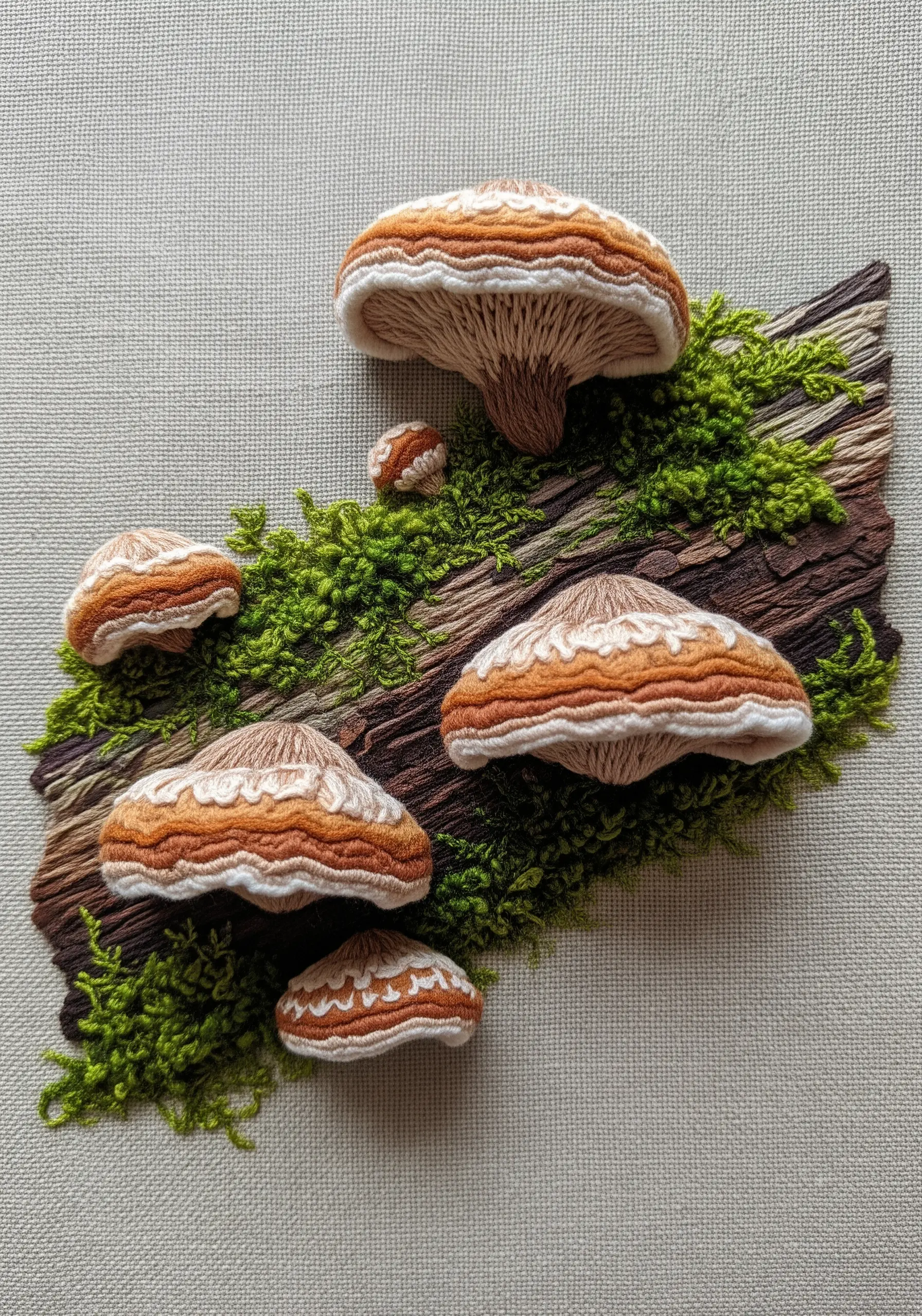 3D stumpwork mushrooms and turkey-work moss embroidered on fabric.