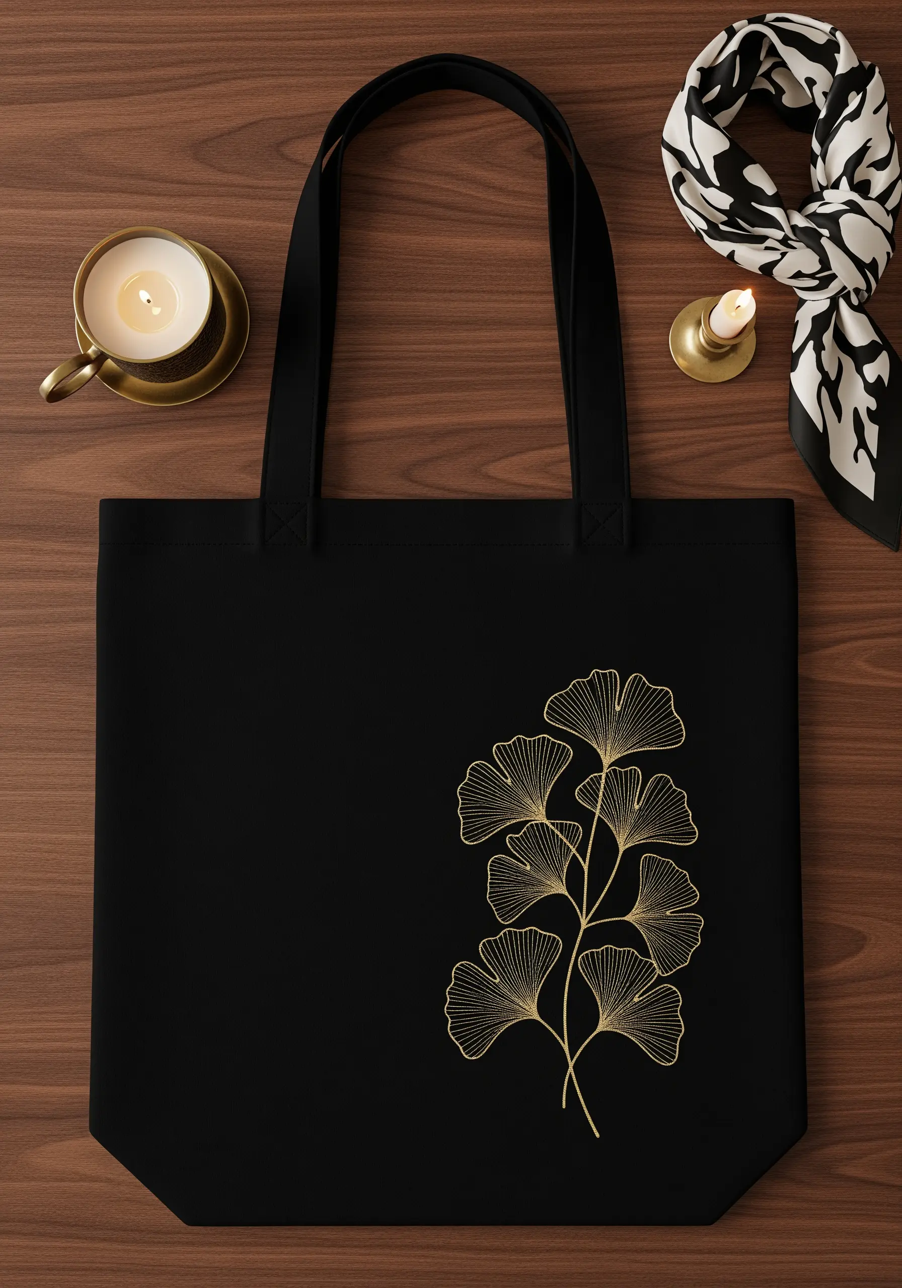 Ginkgo leaf motif embroidered in fine gold thread on a black tote bag.