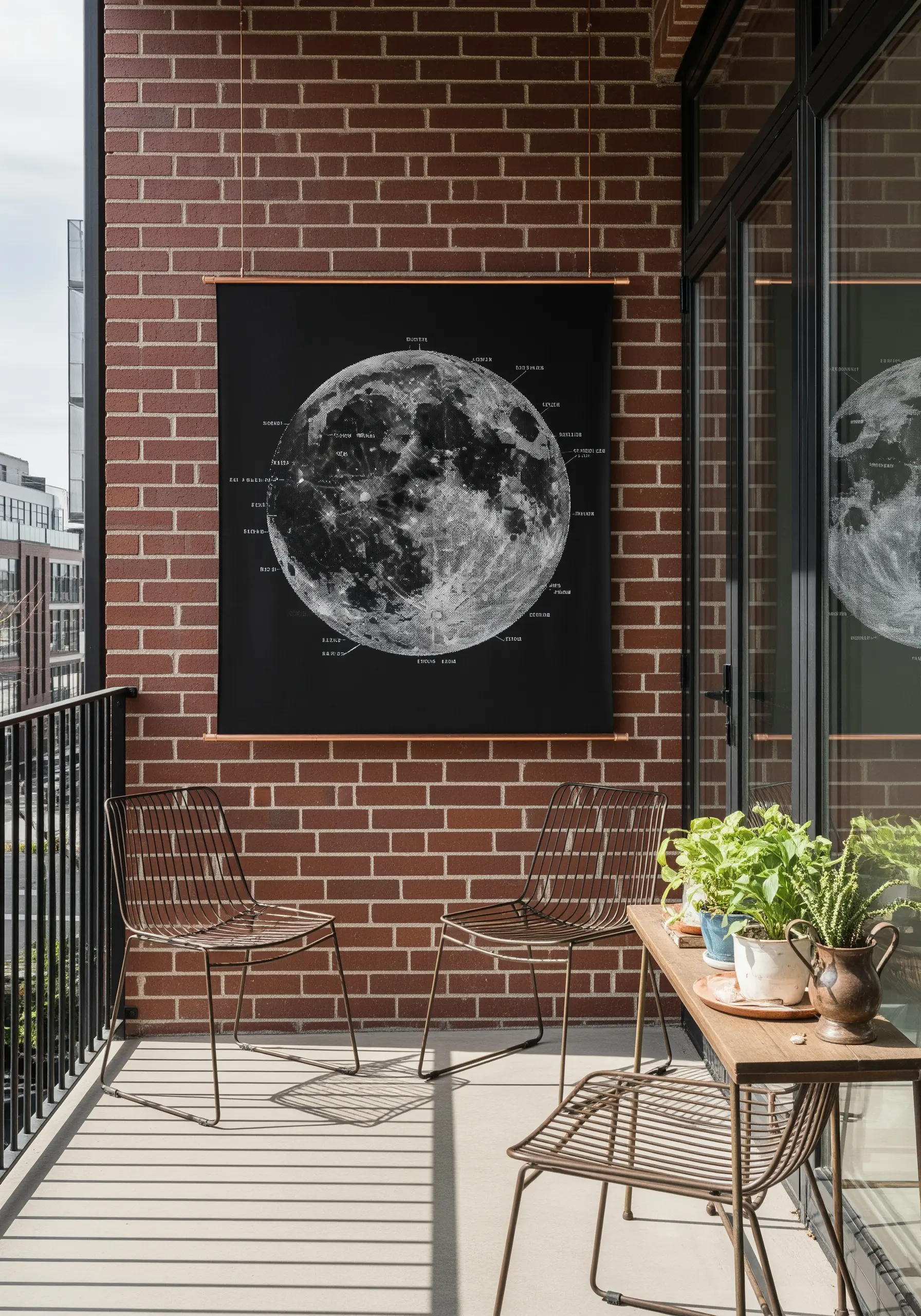 A large, detailed embroidery of a lunar map with labels on a brick wall.