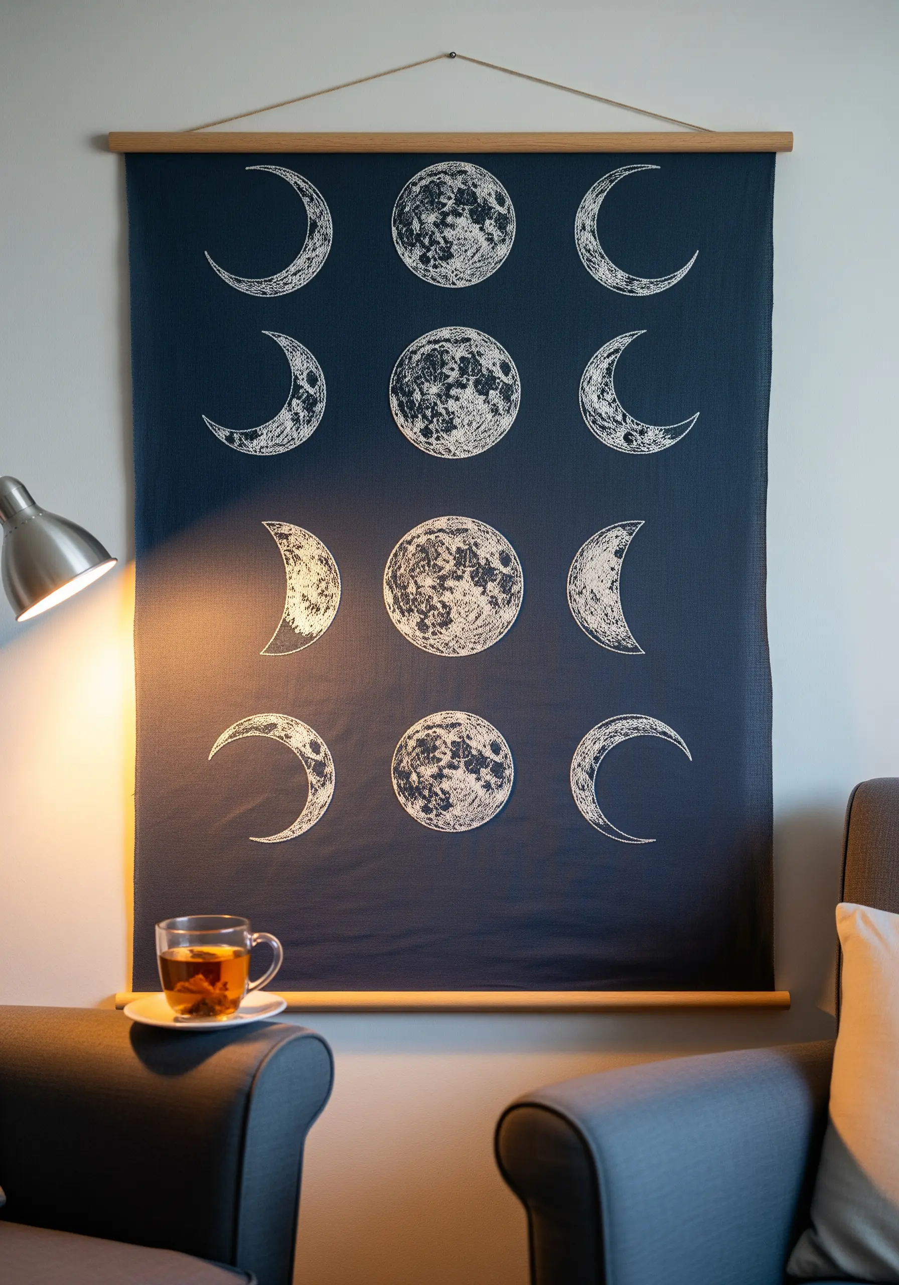 Embroidered moon phase wall hanging with textured seed stitch details on dark blue fabric.