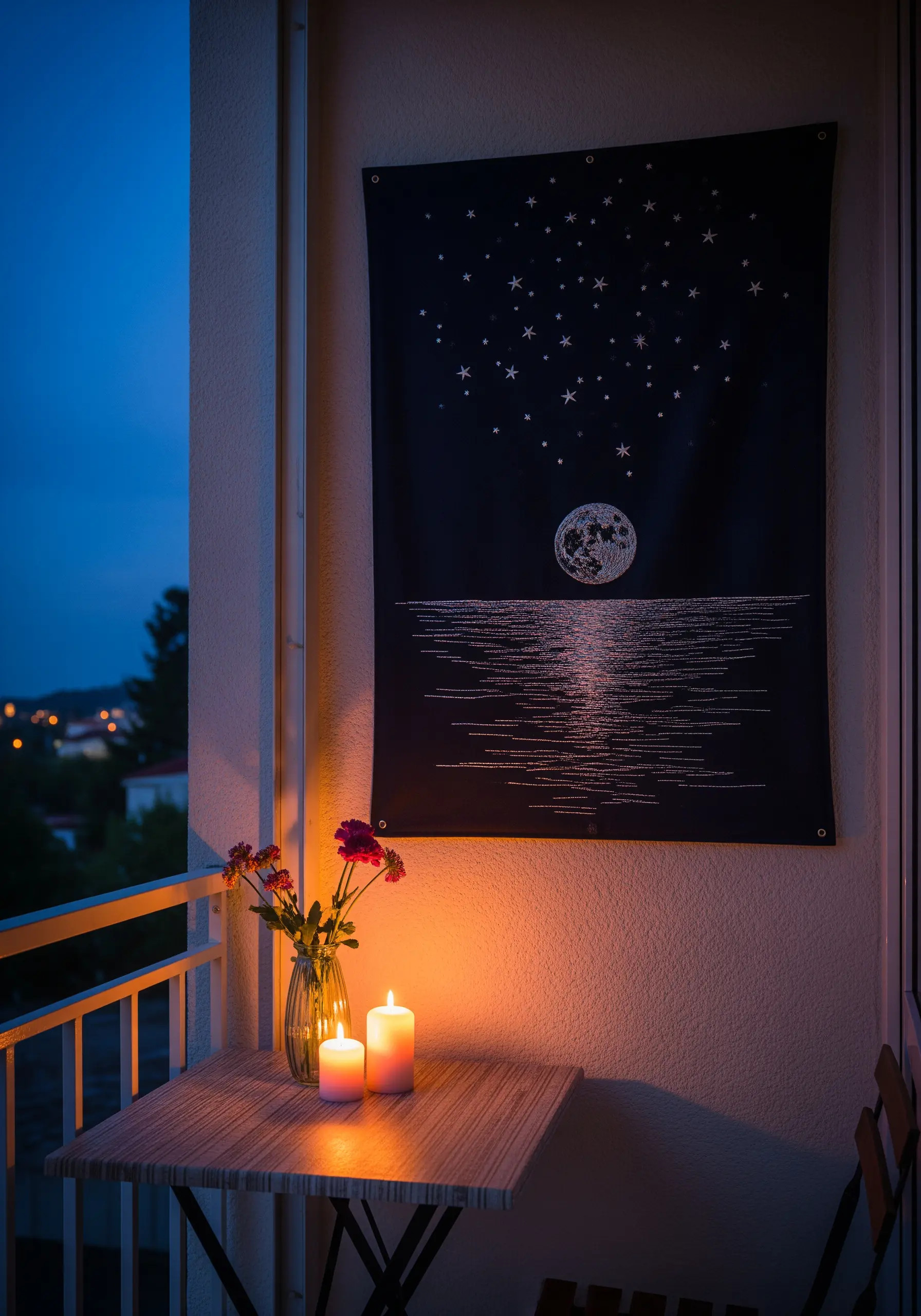 Embroidered moon and its reflection on water, stitched on black fabric.