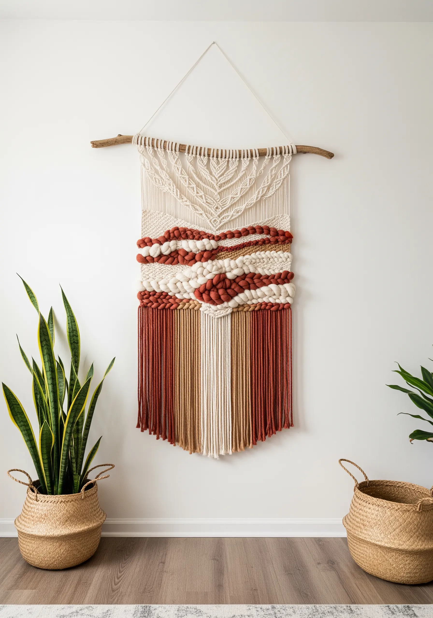 Macrame wall hanging with woven sections of chunky terra-cotta and cream yarn.