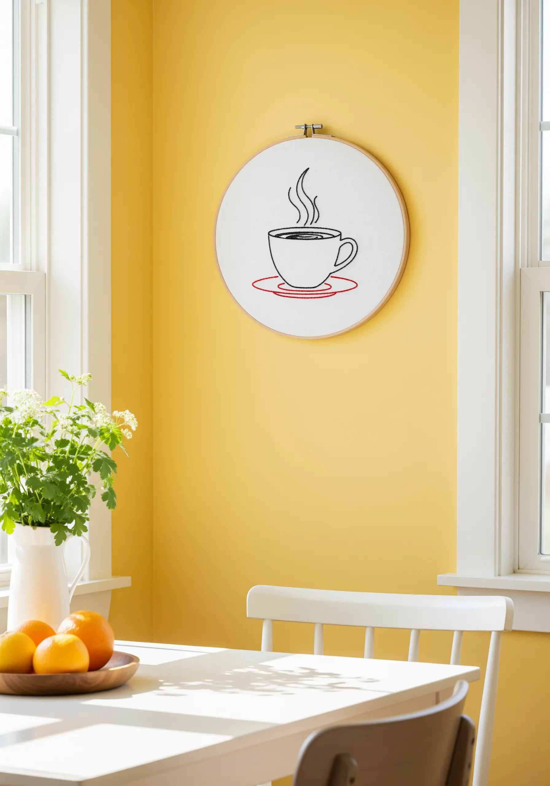 A minimal line art embroidery of a coffee cup with a bright red saucer.