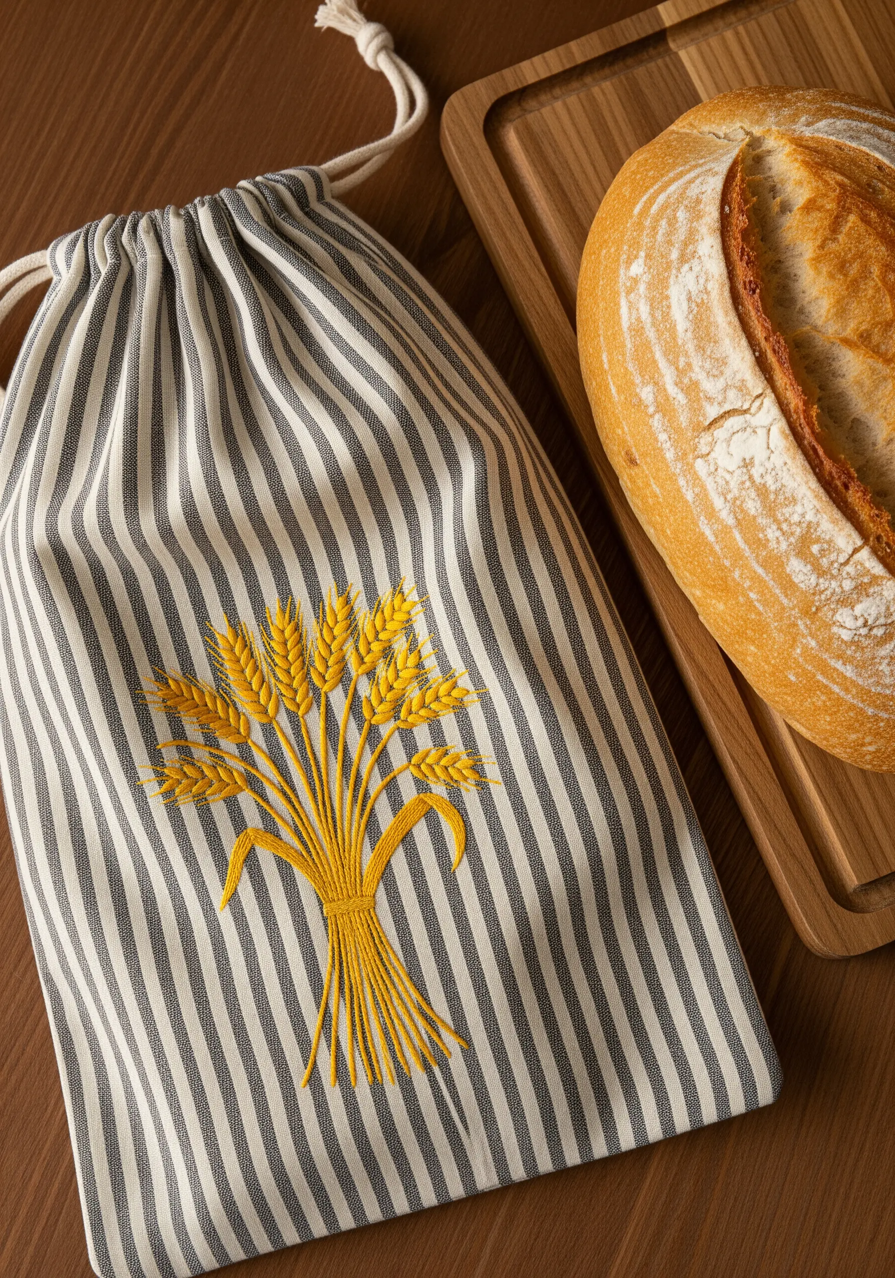 A bold, golden yellow embroidered wheat sheaf on a gray and white striped fabric bag.