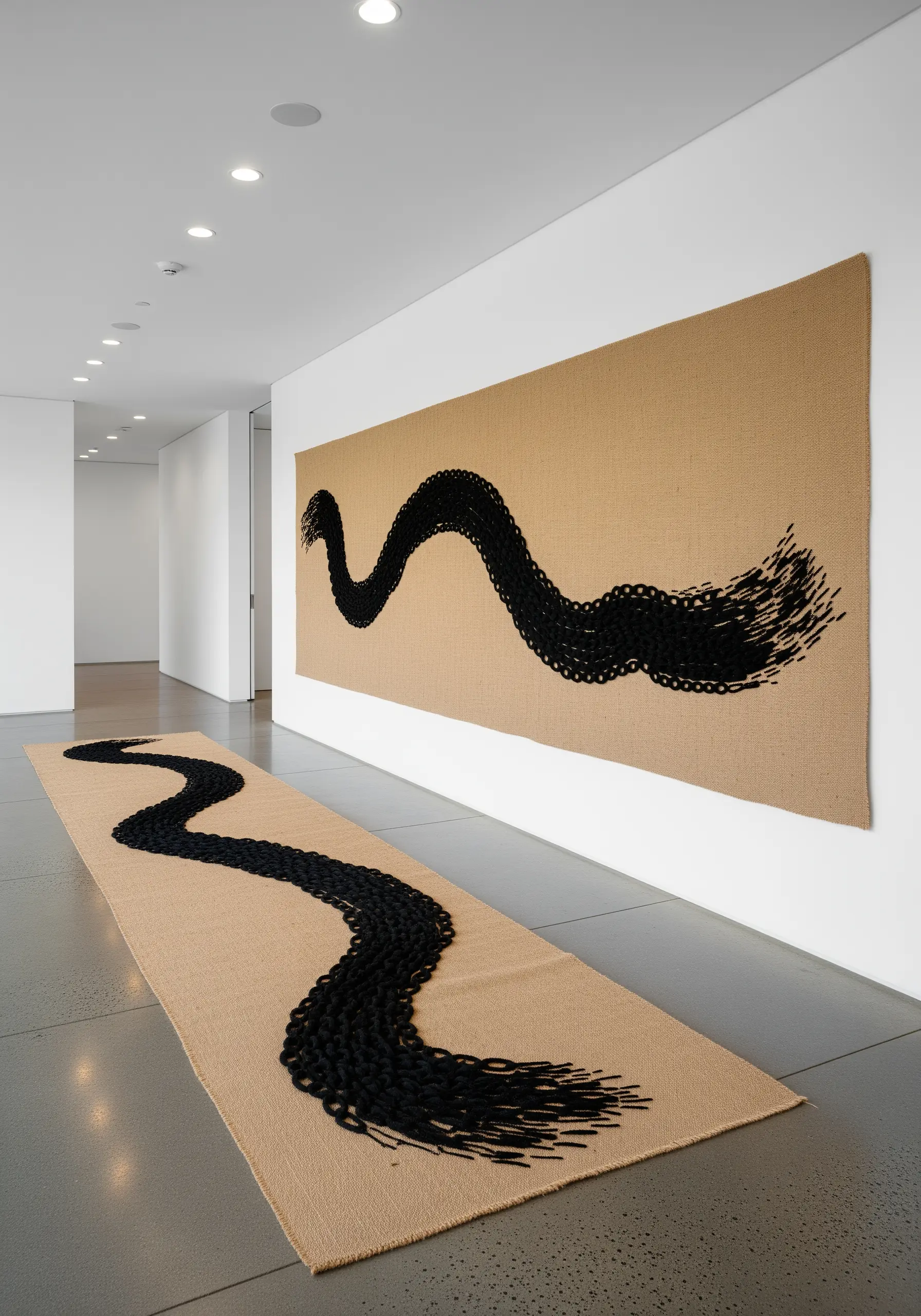 A minimalist tapestry with a thick, black, snake-like form couched onto raw burlap.
