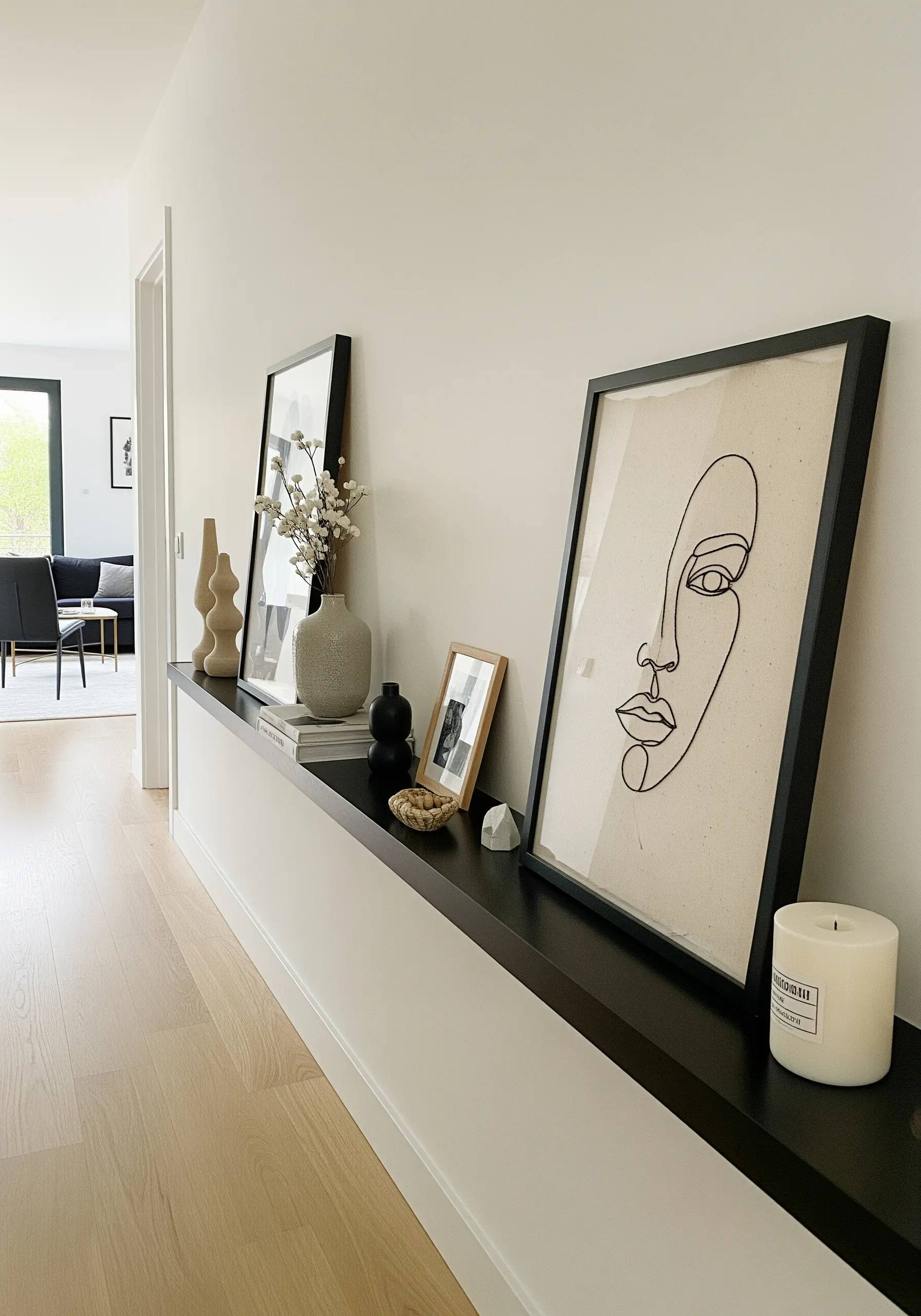 Minimalist single-line abstract face embroidered on raw canvas in a black frame.